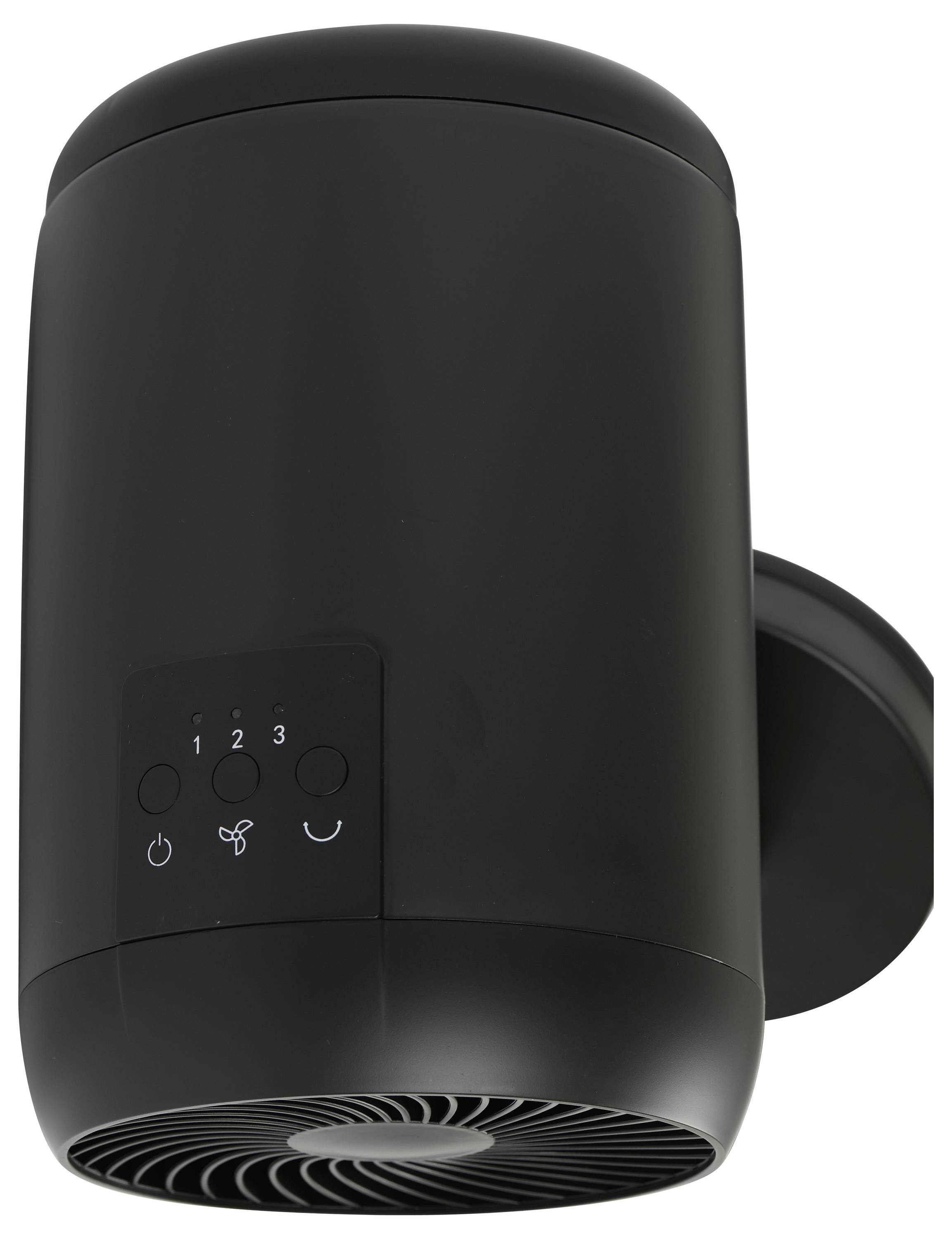 Ein schwarzer zylindrischer Luftreiniger mit Bedienungstasten, einschließlich Einschaltknopf, Lüftergeschwindigkeitseinstellungen (1, 2, 3) und einem Timer, ist an einer Wand montiert.
