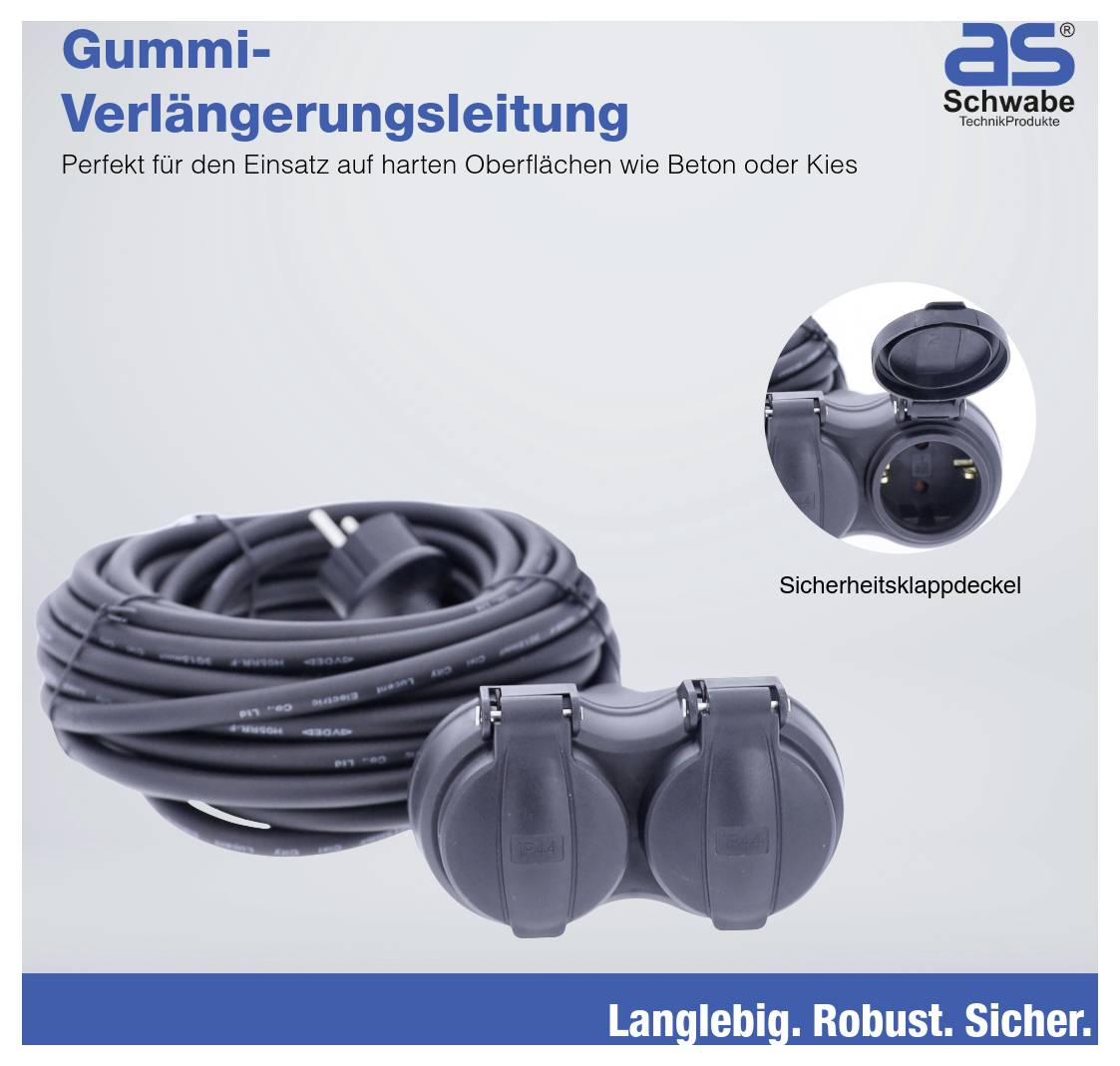 Gummi-Verlängerungsleitung mit Sicherheitsklappdeckel, aufgerollt dargestellt. Geeignet für harte Oberflächen wie Beton oder Kies. Langlebig und sicher.