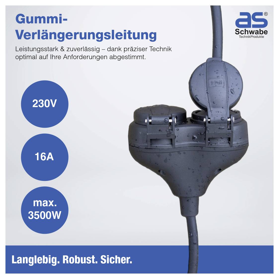 Ein grauer Gummiverlängerungsstecker mit drei Buchsen, beschriftet mit 230V, 16A, max. 3500W. Text lautet: „Leistungsstark & zuverlässig, präzise konstruiert.