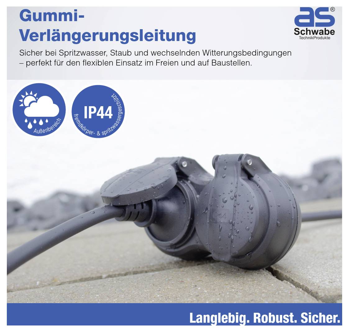 Gummiverlängerungskabel mit zwei verbundenen Steckern; IP44-Schutz gegen Spritzwasser und Staub; geeignet für Außen- und Baustelleneinsatz.