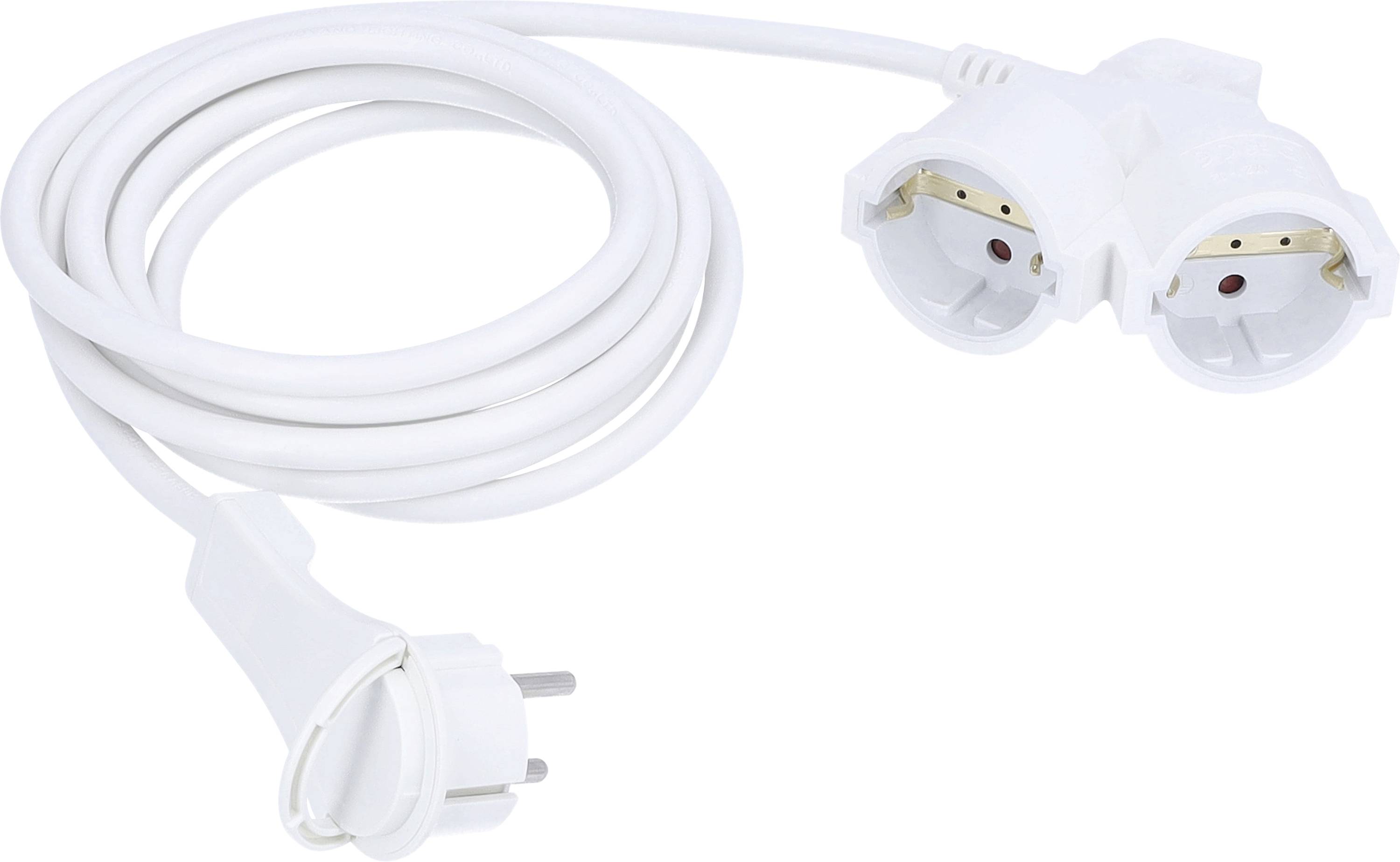 Ein weißes, aufgewickeltes elektrisches Verlängerungskabel mit zwei runden Steckdosen und einem europäischen Stecker.
