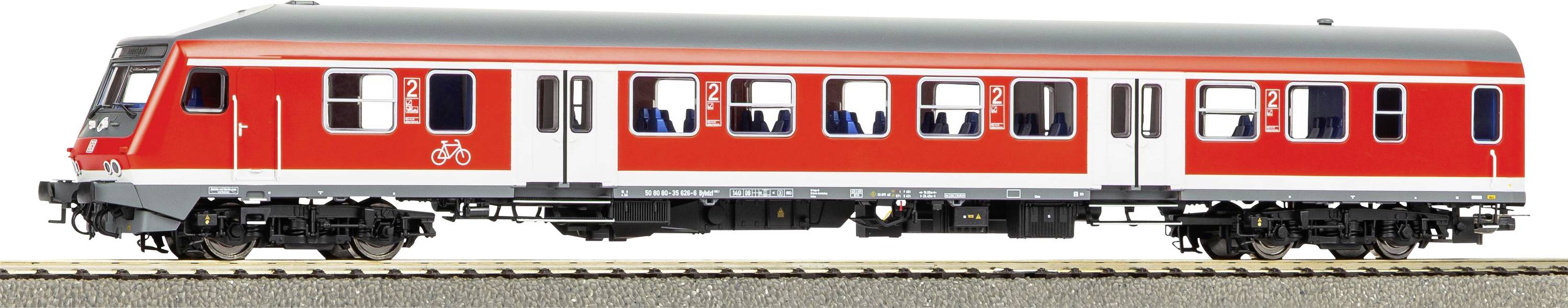 Ein rotes und graues Fahrgastgleis auf einer Schiene, mit Fahrradsymbolen, die die Verfügbarkeit von Fahrradlagerung im Inneren anzeigen.