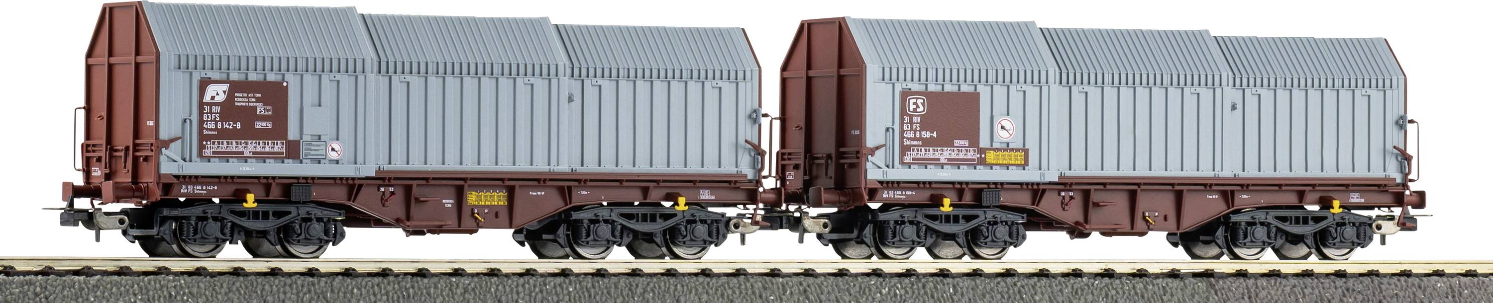 Zwei Modelleisenbahn-Güterwagen auf Gleisen, mit wellblechcontainern und braunen Untergestellen, dargestellt in einer Seitenansicht auf einer ebenen Fläche.