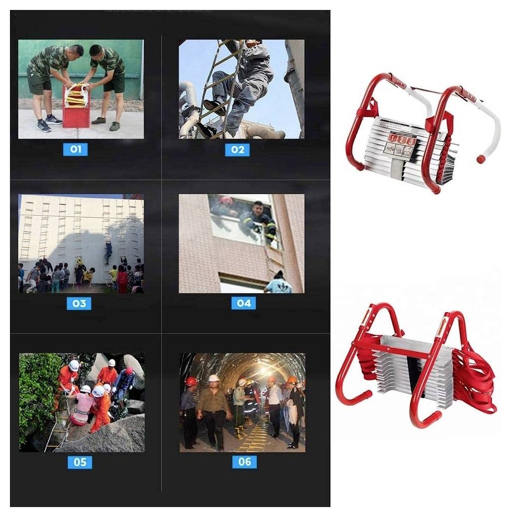 Eine Collage von Bildern mit Notfallfluchttreppen: militärische, feuerwehrtechnische und wohnungsbezogene Kontexte, die Verwendung und Einsatz veranschaulichen.