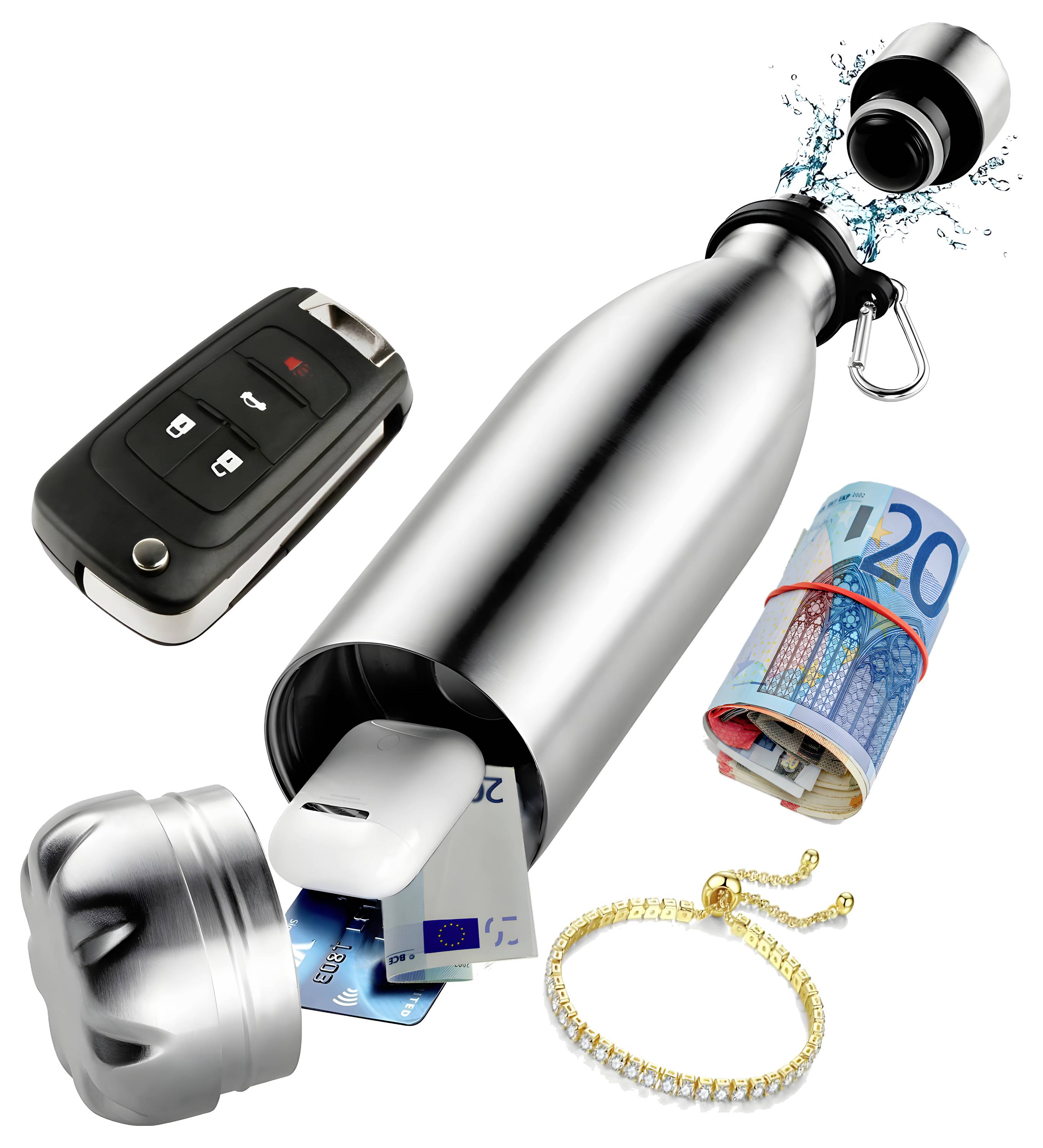 Eine silberne Wasserflasche ist geöffnet und zeigt verborgene Fächer, die einen Autoschlüssel, Bargeld, einen USB-Stick, Kreditkarten und ein Armband enthalten.