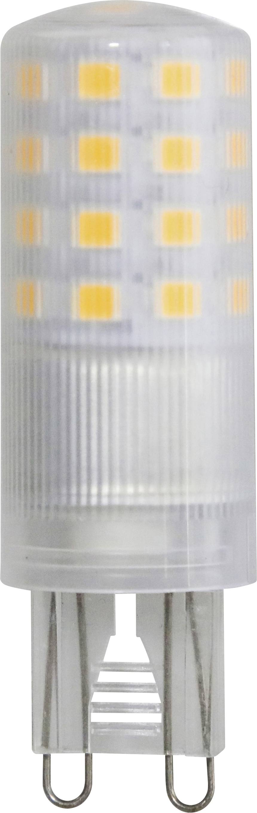 Eine zylindrische LED-Glühbirne mit durchsichtiger Gehäuse, die leuchtende orangefarbene Dioden zeigt.