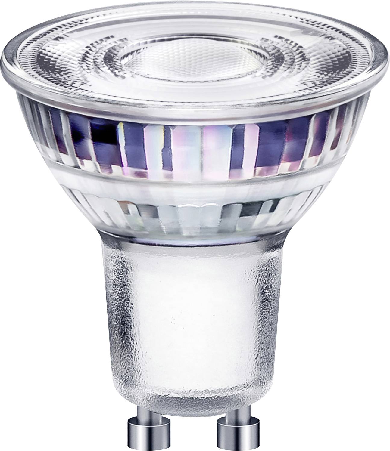 Ein Nahaufnahmebild einer GU10-LED-Lampe mit glaserner Reflektorfläche und Metallsockel, die zur energieeffizienten Beleuchtung in Spotlights oder Downlights verwendet wird.