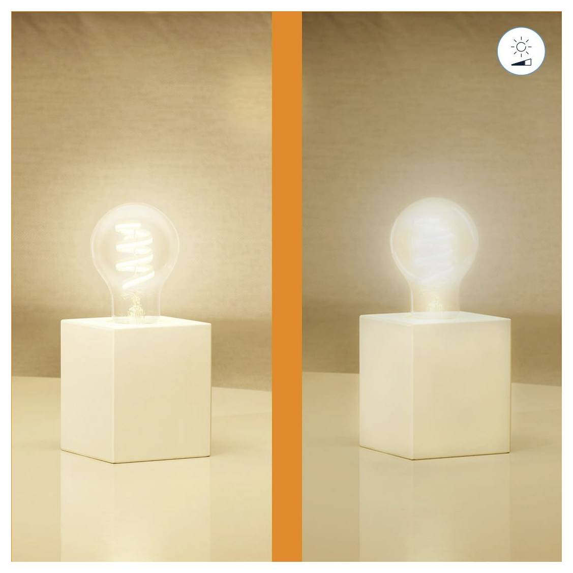 Glühlampenvergleich: LED-Glühbirne links leuchtet heller als Glühlampe rechts. Hintergrund ist neutrales Beige.
