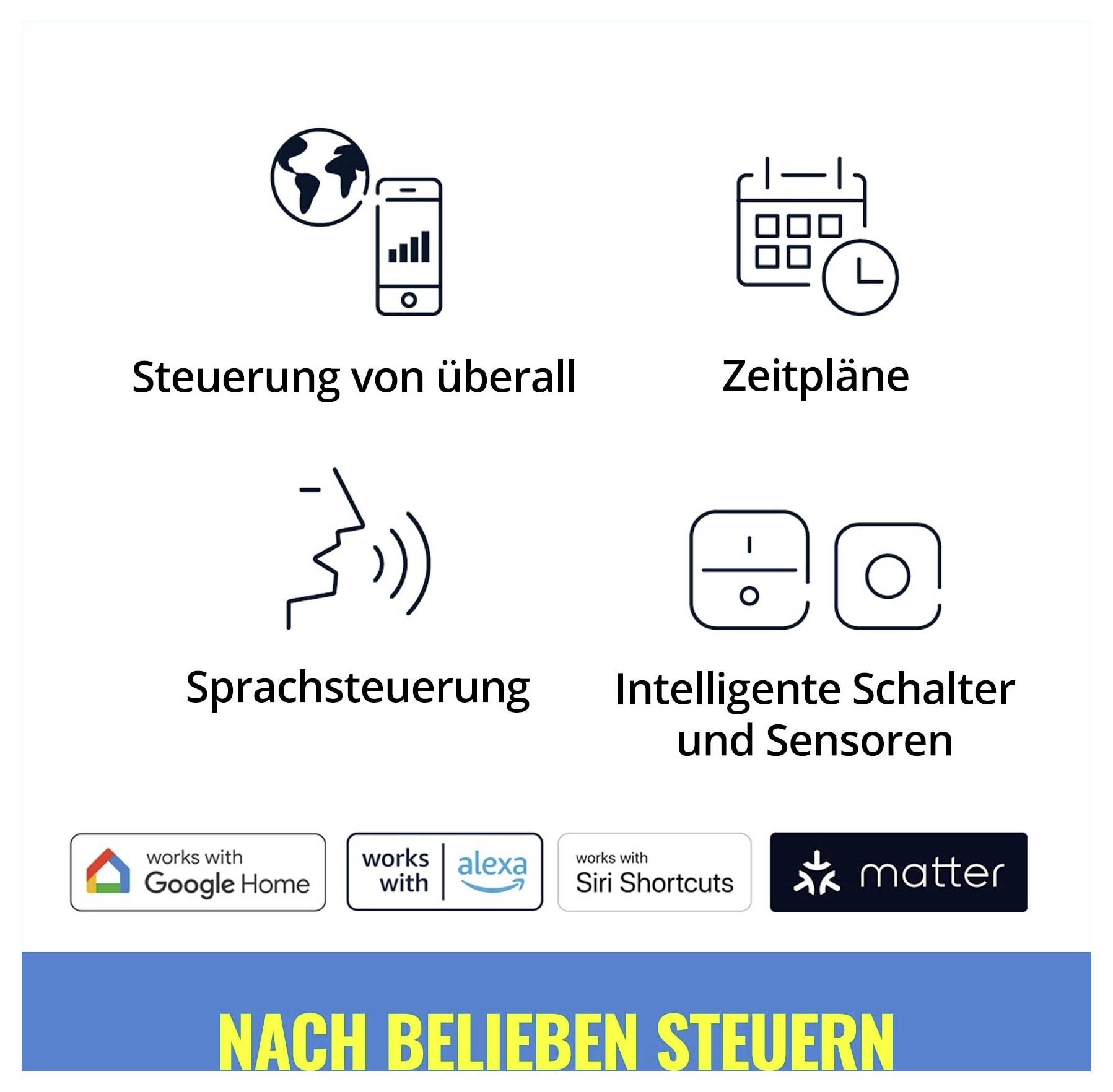 'Steuerung von überall, Zeitpläne, Sprachsteuerung, Intelligente Schalter und Sensoren' mit Logos von Google Home, Alexa, Siri und Matter.