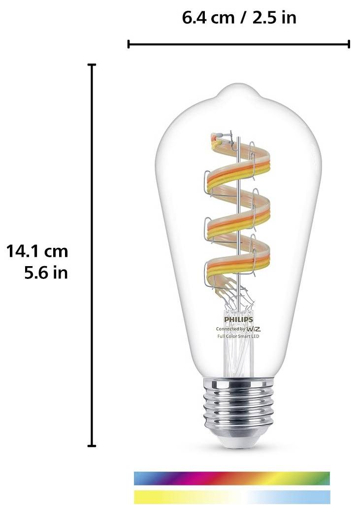 Eine klare Glühbirne mit einer Spiralwendung, 14,1 cm hoch und 6,4 cm breit. Dargestellt mit einem Farbspektrum darunter.
