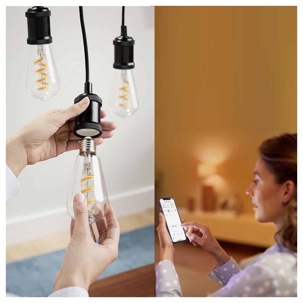 Eine Person installiert intelligente Glühbirnen und verwendet eine Smartphone-App, um sie einzustellen, was eine einfache Steuerung der Hausbeleuchtung veranschaulicht.
