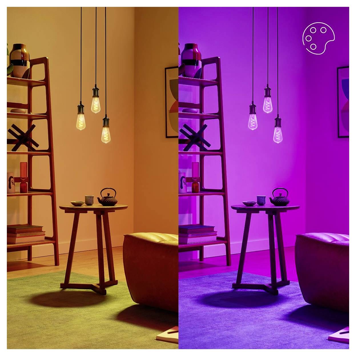 Ein Raum mit Pendelleuchten zeigt verschiedene Lichteffekte: Links warmgelbes Licht; rechts violettes Licht. Ein kleiner Tisch und ein Regal sind zu sehen.