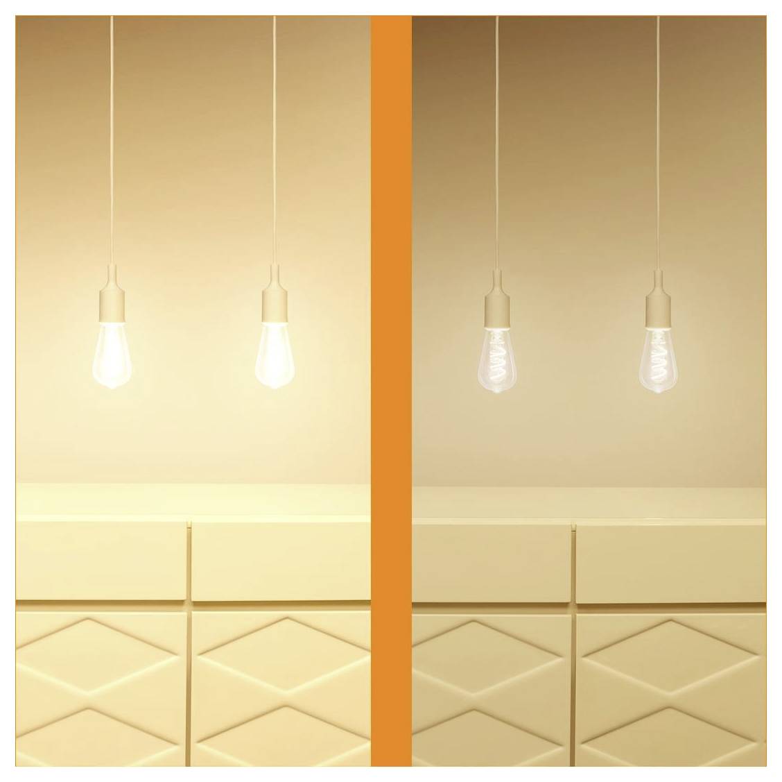 Zwei Glühbirnen hängen über einer beigen kariert gemusterten Oberfläche. Die Glühbirne rechts ist eingeschaltet, während die Glühbirne links ausgeschaltet ist.