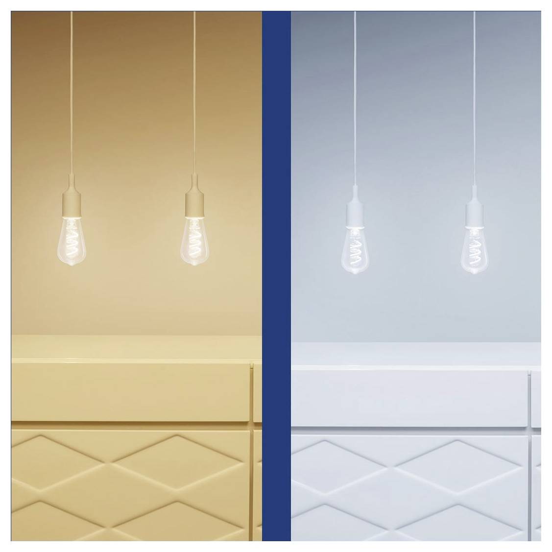 Zwei hängende Glühbirnen zeigen links ein warmes gelbes Leuchten und rechts ein kühles weißes Leuchten und veranschaulichen damit die Unterschiede in der Lichtfarbe.