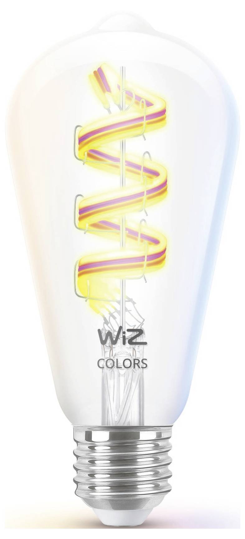 Eine Nahaufnahme einer Wiz Colors Smart-Glühbirne mit sichtbarem gedrehtem Filamentdesign, die weiches, mehrfarbiges Licht ausstrahlt, vor einem weißen Hintergrund.