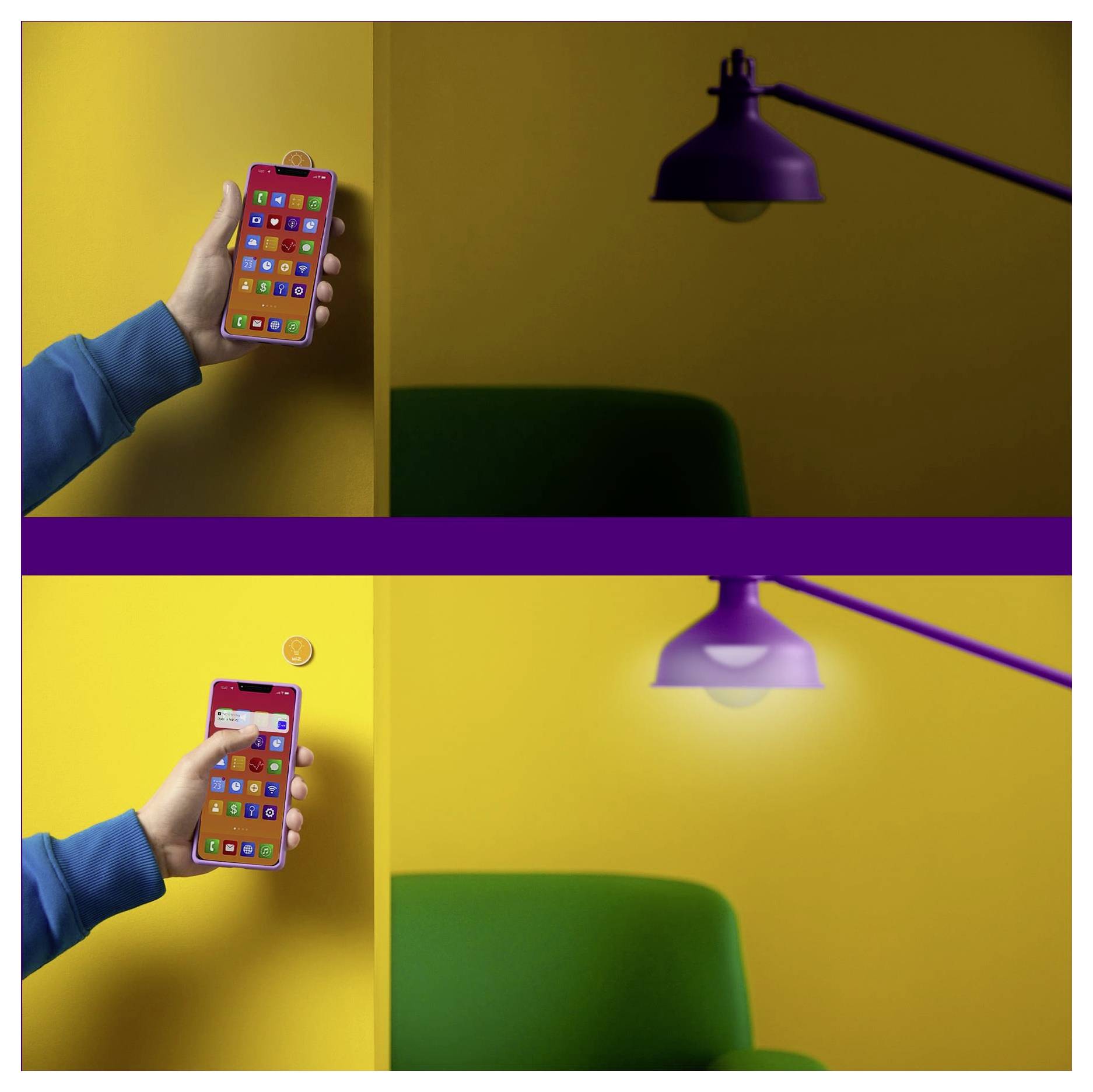 Eine Person schaltet ein Licht mit einer Smartphone-App ein; der Raum wechselt von dunkel (oben) zu hell (unten) und zeigt damit die Smart-Home-Technologie.