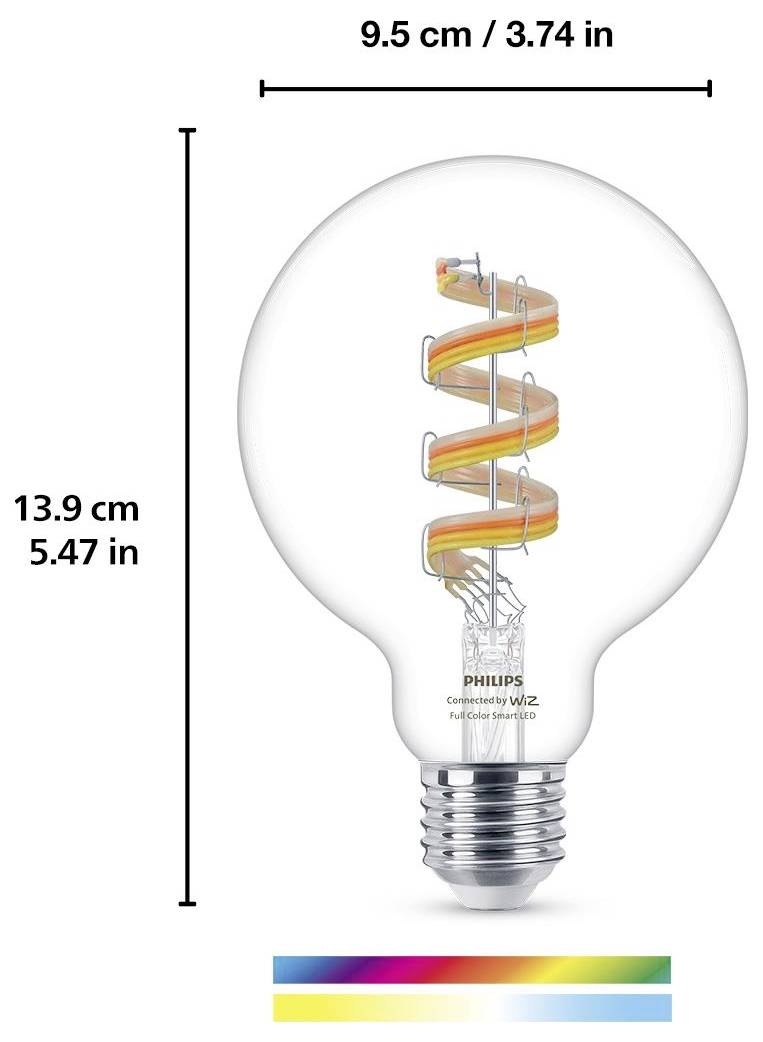 Eine Glühbirne mit sichtbarem Spiralfilament, beschriftet mit 'Philips Connected by WiZ'. Abmessungen: 9,5 cm breit, 13,9 cm hoch. Enthält Farbspektrum.