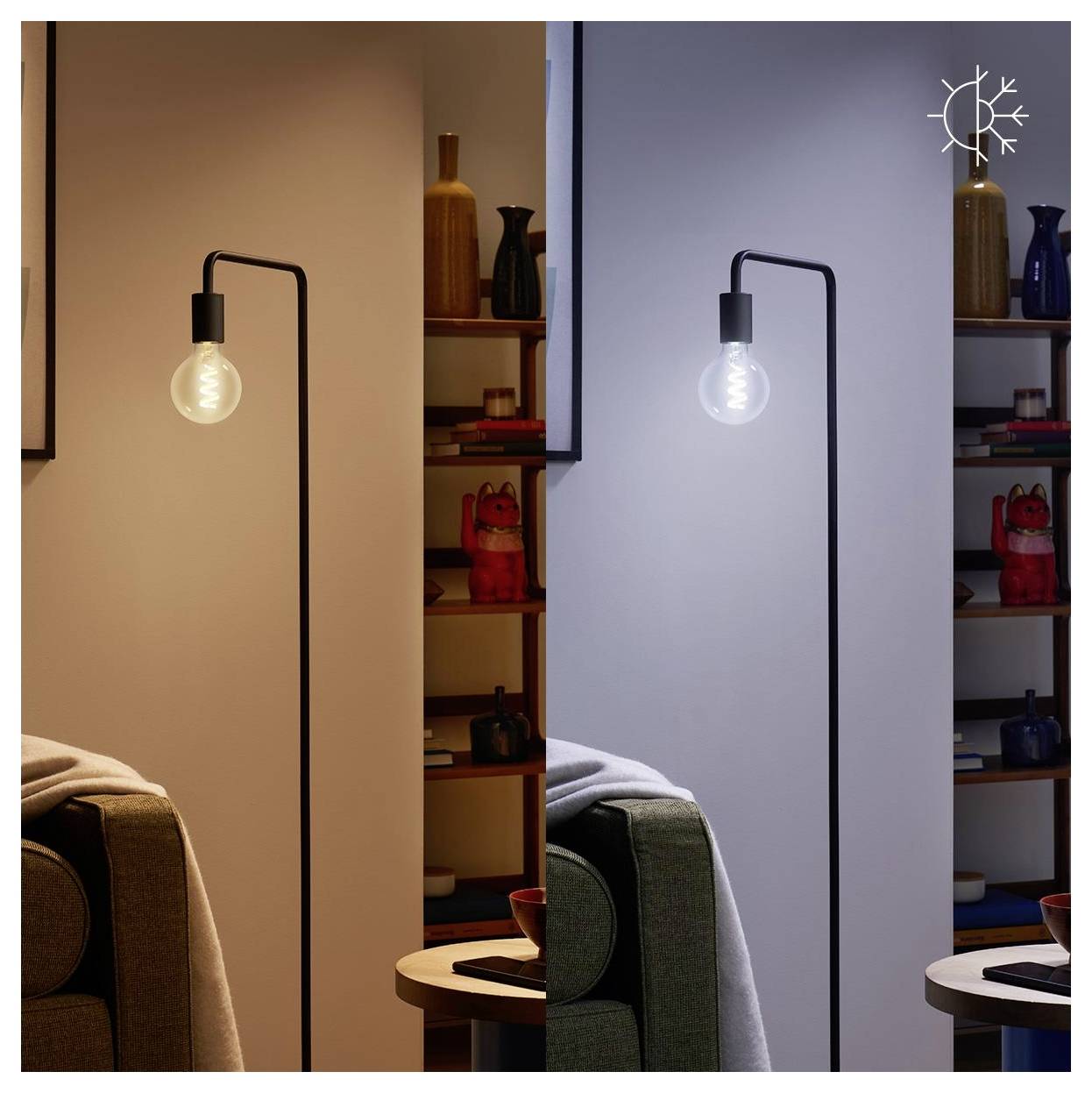 Eine Stehlampe steht zwischen warmen und kühlen Beleuchtungseinstellungen und veranschaulicht die Auswirkungen des Lichts auf die Raumatmosphäre, während daneben ein gemütlicher Sessel steht.