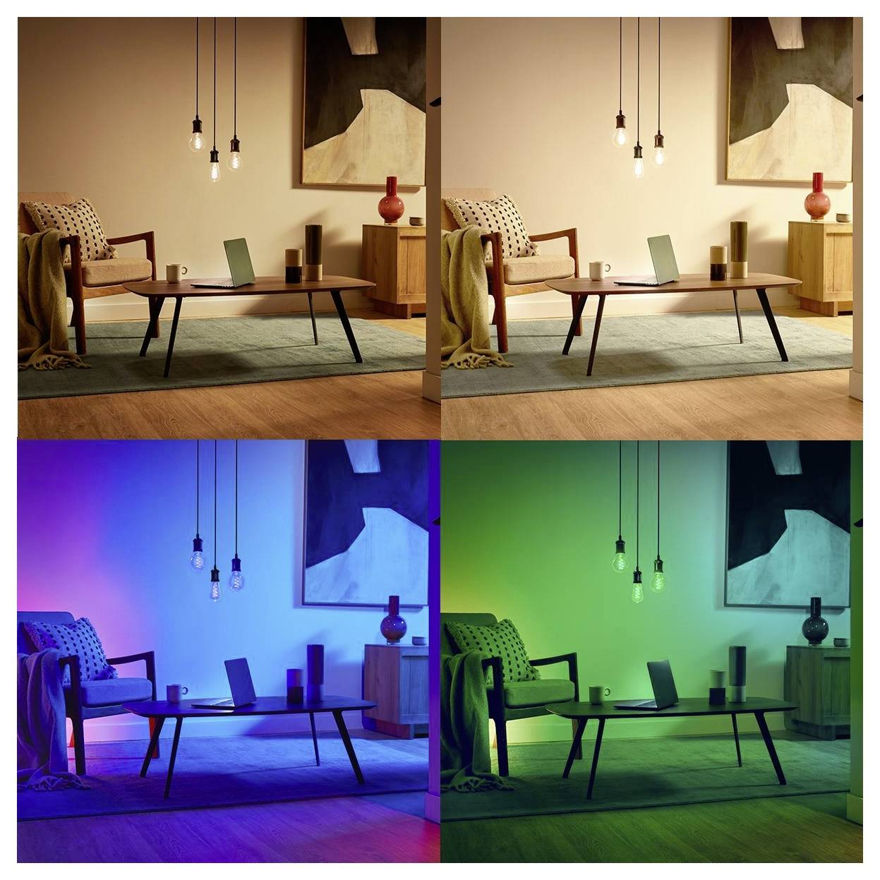 Ein Wohnzimmer mit einem Tisch, Sofa und hängenden Leuchten, dargestellt in vier Farbfiltern: warmtönig, rot, blau und grün, was Beleuchtungseffekte veranschaulicht.