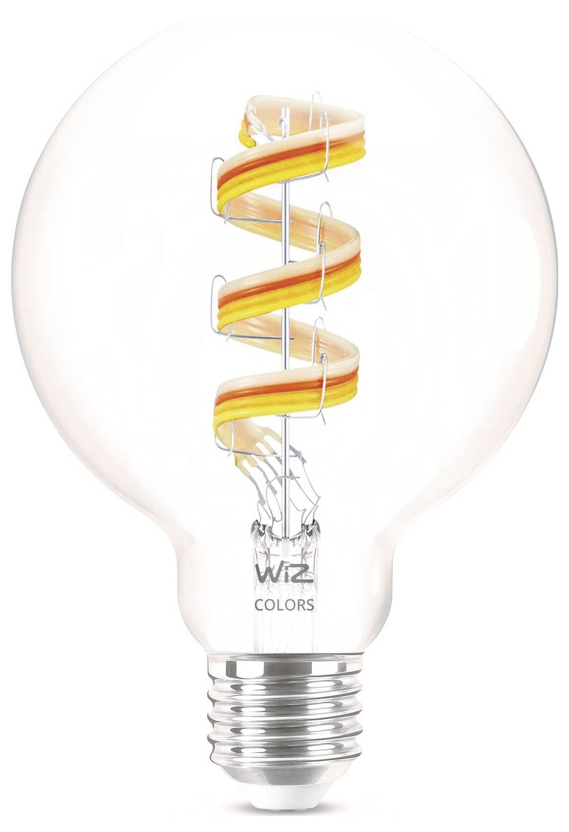 Eine durchsichtige, runde Glühbirne mit einer Spiralwendung, die Farbverläufe in Rot, Gelb und Orange aufweist. Der Sockel ist metallic-silbern.