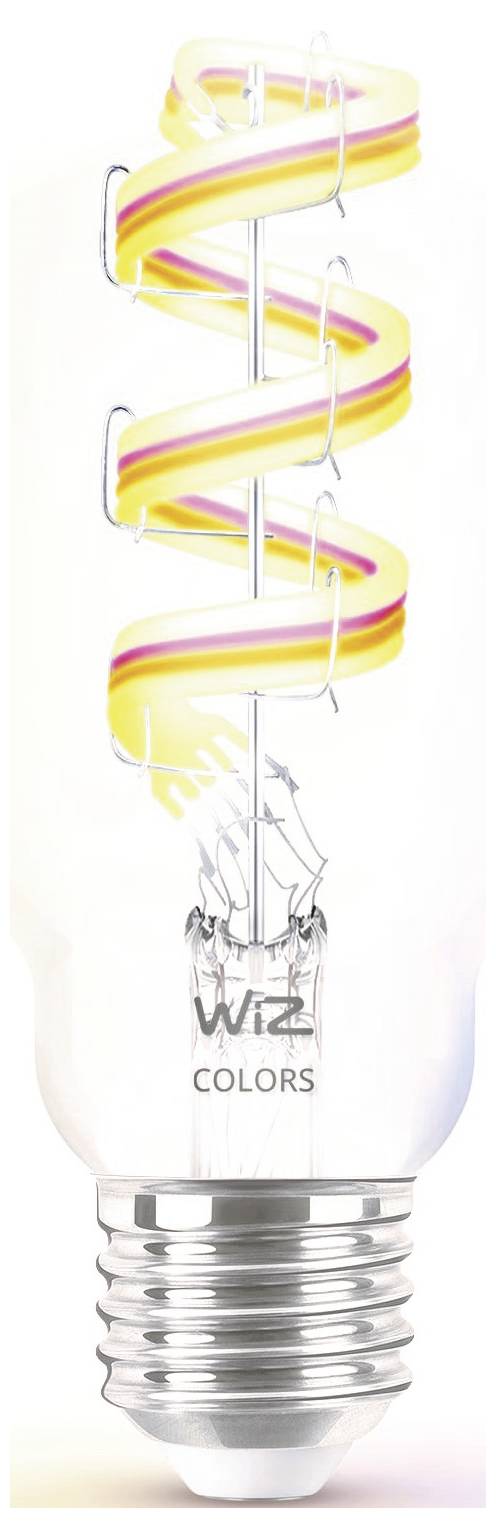 Eine Glühbirne mit einer spiralförmigen Glühwendel, die mit rosa und gelben Streifen verziert ist, mit der Bezeichnung 