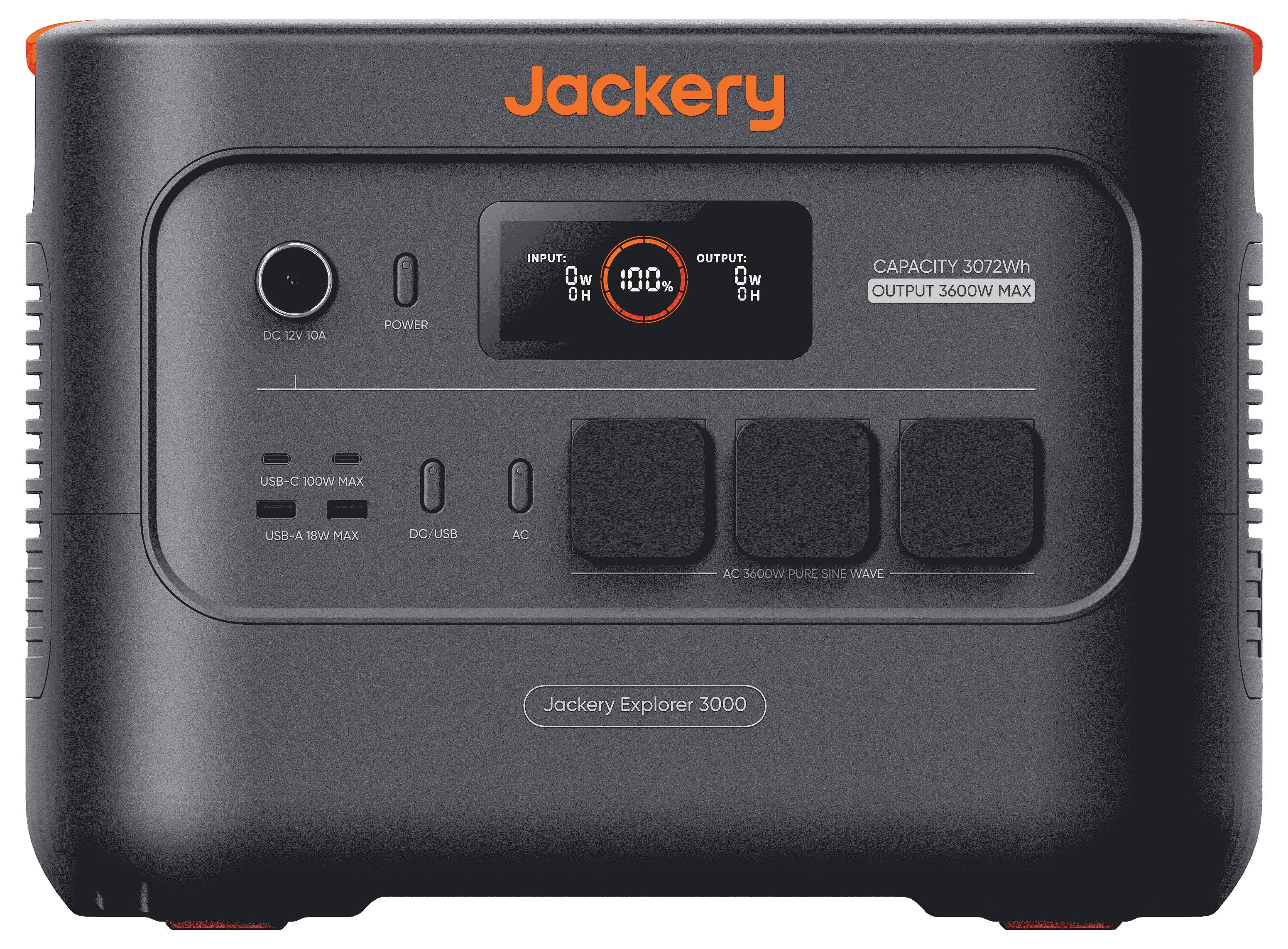 Tragbare Powerstation mit Eingabe-/Ausgabeanzeige und einer Kapazität von 3024Wh und einer maximalen Leistung von 3600W; mit der Bezeichnung 'Jackery Explorer 3000' beschriftet.