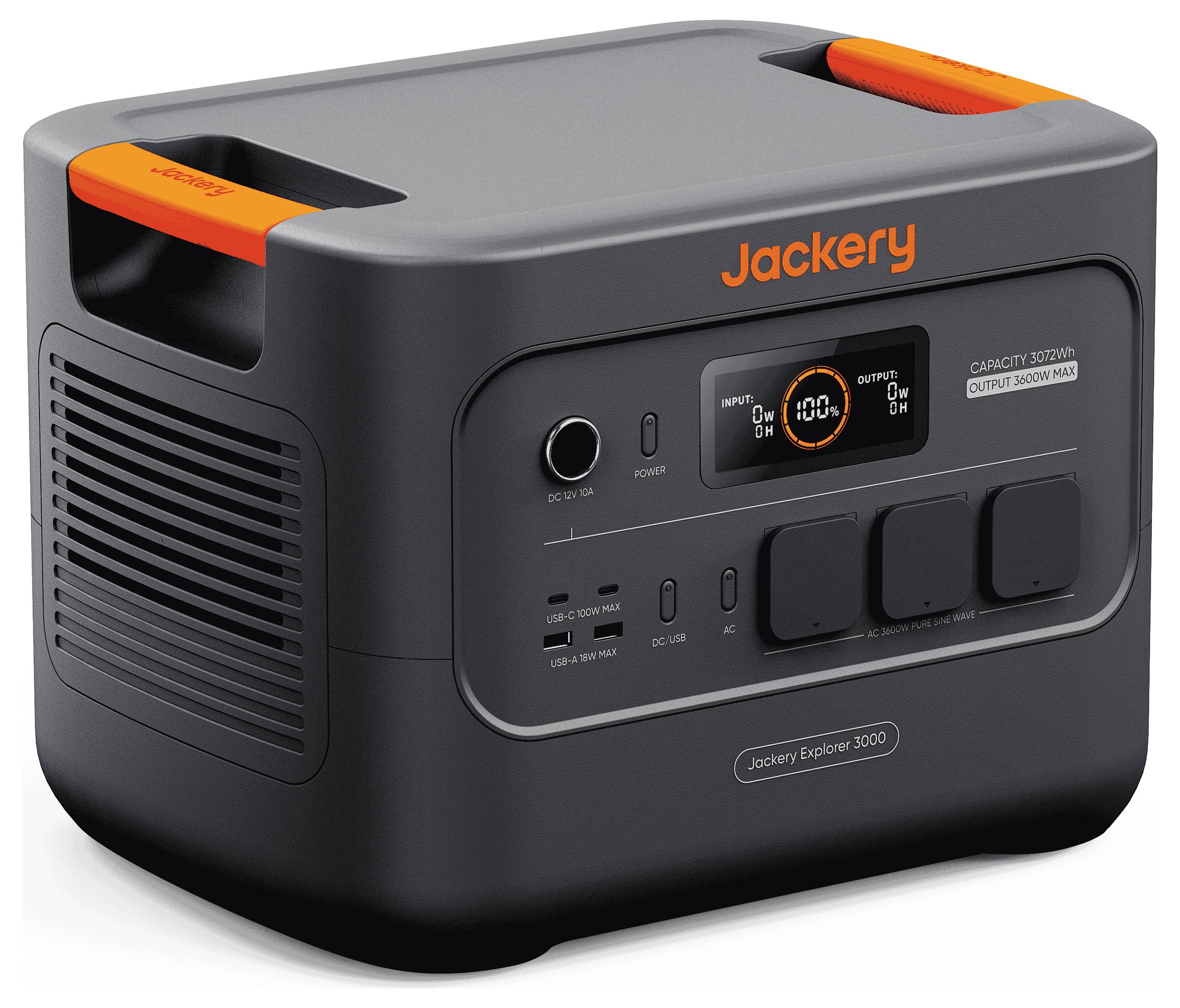 Eine mobile Jackery Powerstation mit mehreren Anschlüssen und einer digitalen Anzeige, die den Batteriezustand darstellt. Orange-farbene Akzente an den Griffen.