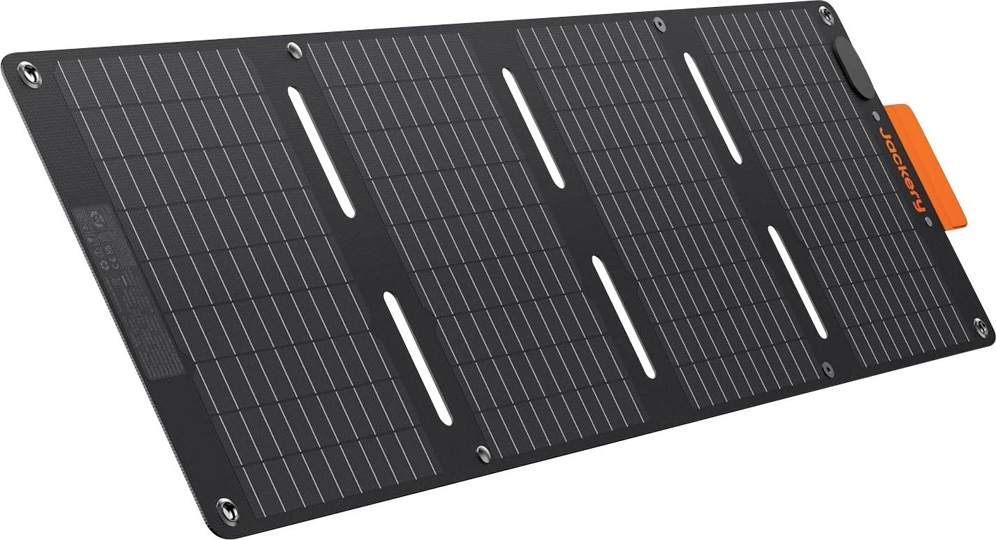 Ein faltbares Solarpanel mit vier Abschnitten, ausgestattet mit dünnen photovoltaischen Zellen, entwickelt für mobile Energieerzeugung unterwegs.