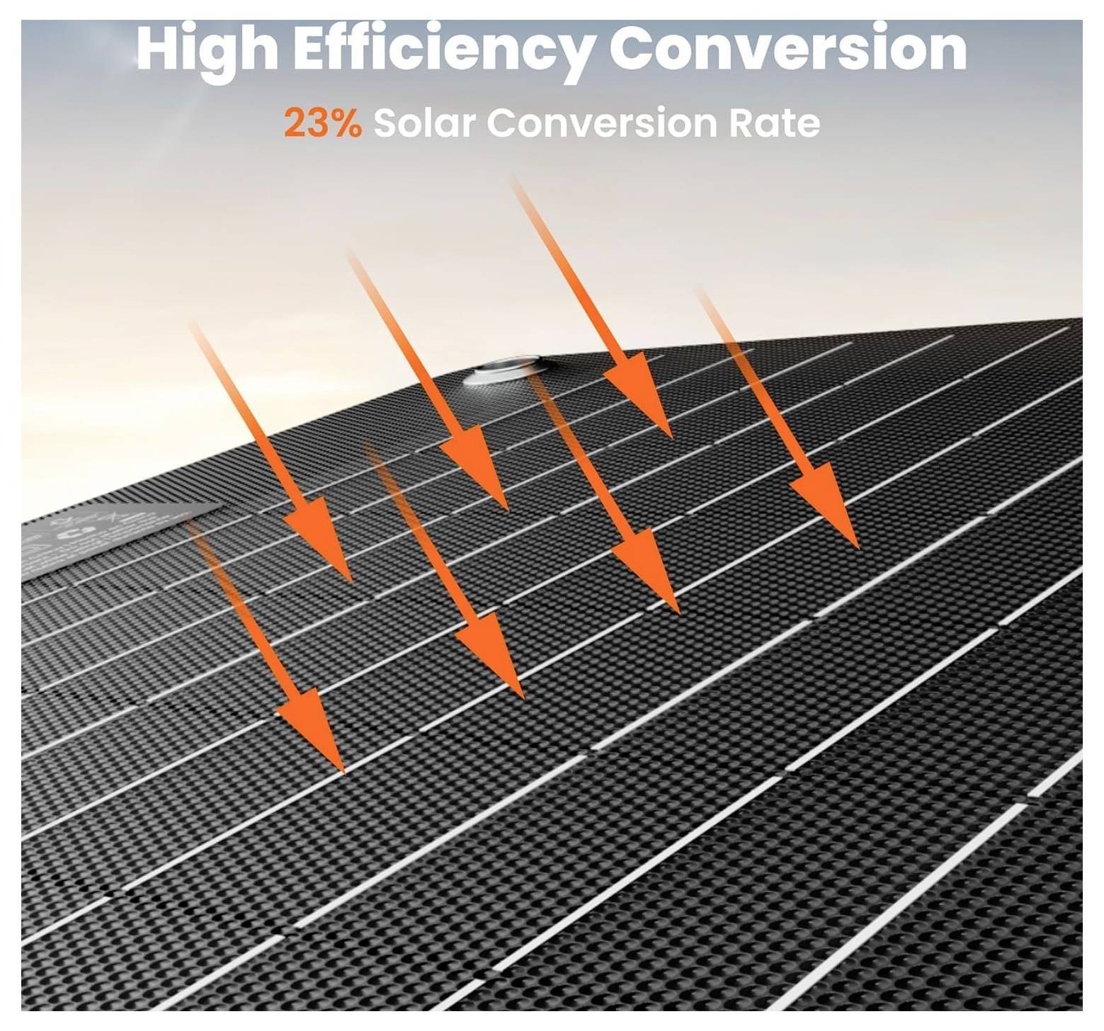 Solarpanel unter Sonnenuntergang mit Text 'Hohe Effizienzumwandlung: 23% Solarumwandlungsrate'; Pfeile zeigen die Absorption von Solarenergie an.