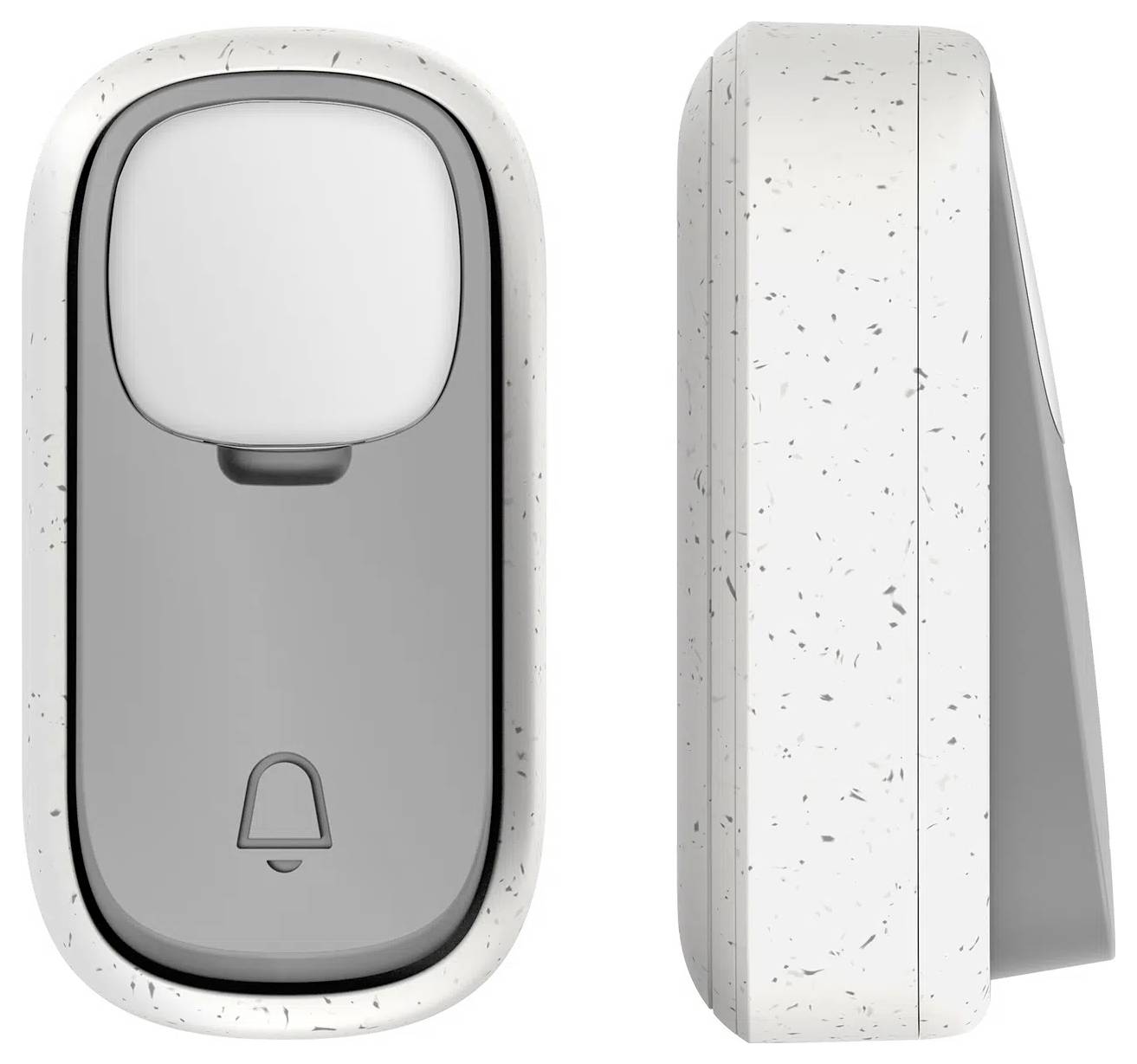 Eine weiße und graue Türklingel mit einem gesprenkelten Design wird von Vorder- und Seitenansicht gezeigt. Der Knopf verfügt über ein einfaches Glocken-Symbol.