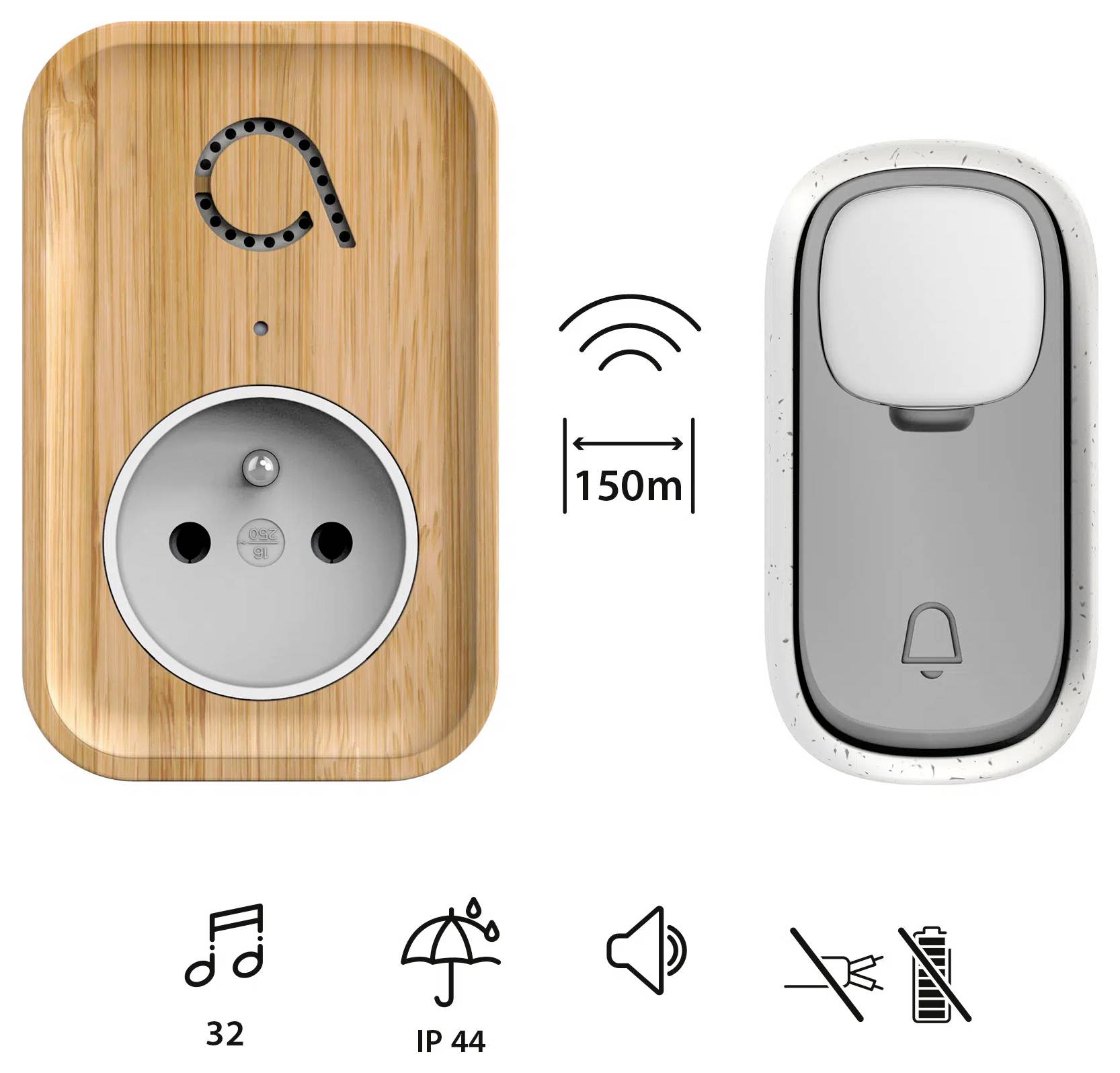 'Drahtlose Türklingel-Set': Eine Holzfassung und ein grauer Klingelknopf. Reichweite 150m. Funktionen: 32 Klingeltöne, spritzwassergeschützt (IP44), einstellbare Lautstärke, batterielos.