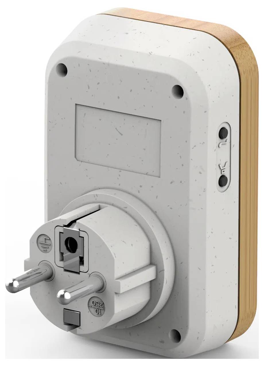 Ein intelligenter Stecker mit europäischen Steckdosensteckern ist zu sehen, der ein digitales Display und Verbindungstasten an der Seite für Hausautomatisierung aufweist.