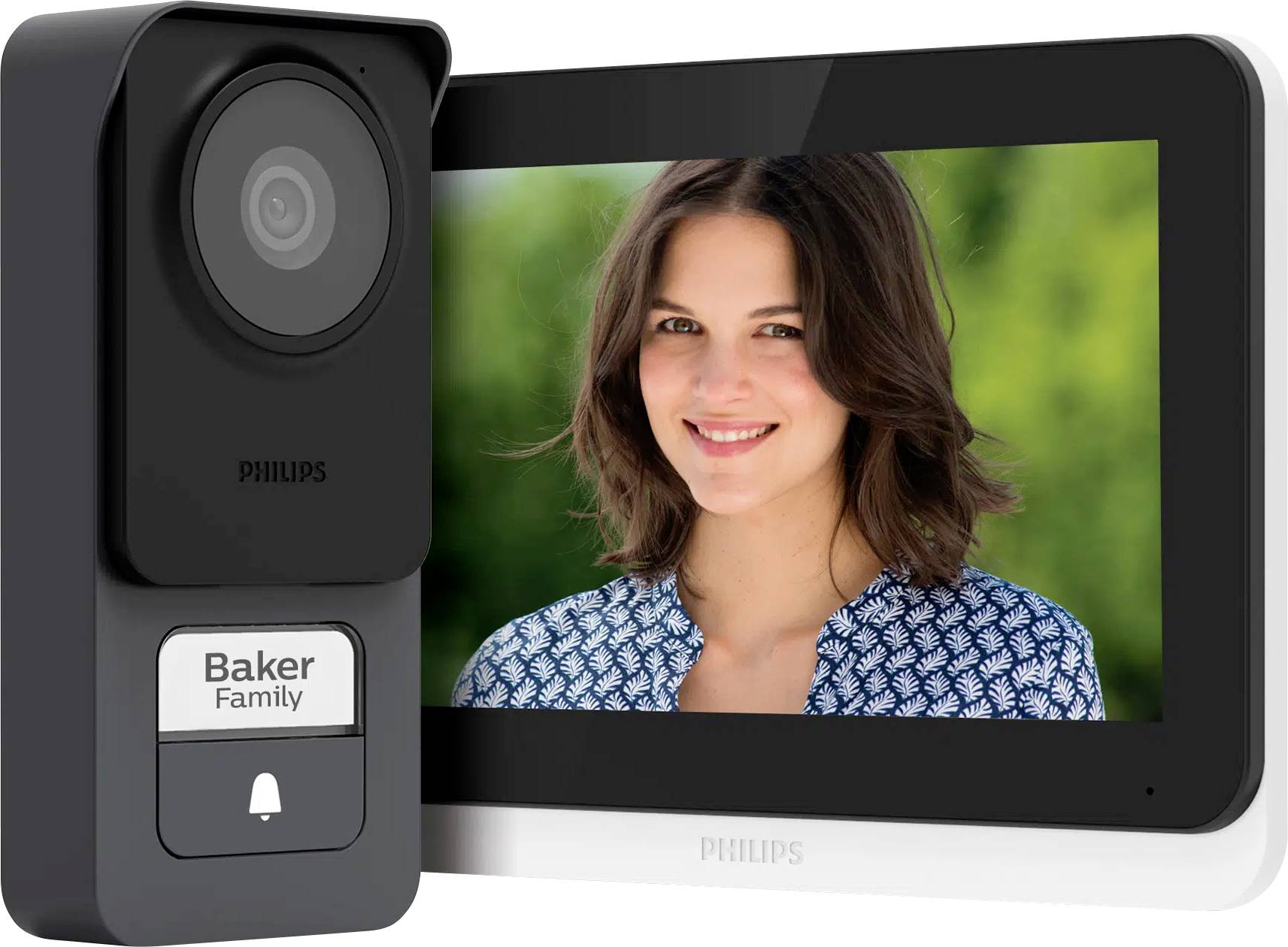 Ein modernes Video-Türsprechsystem, das eine lächelnde Frau auf einem Bildschirm zeigt. Der Name 'Baker Family' ist auf der Türsprechanlage sichtbar.