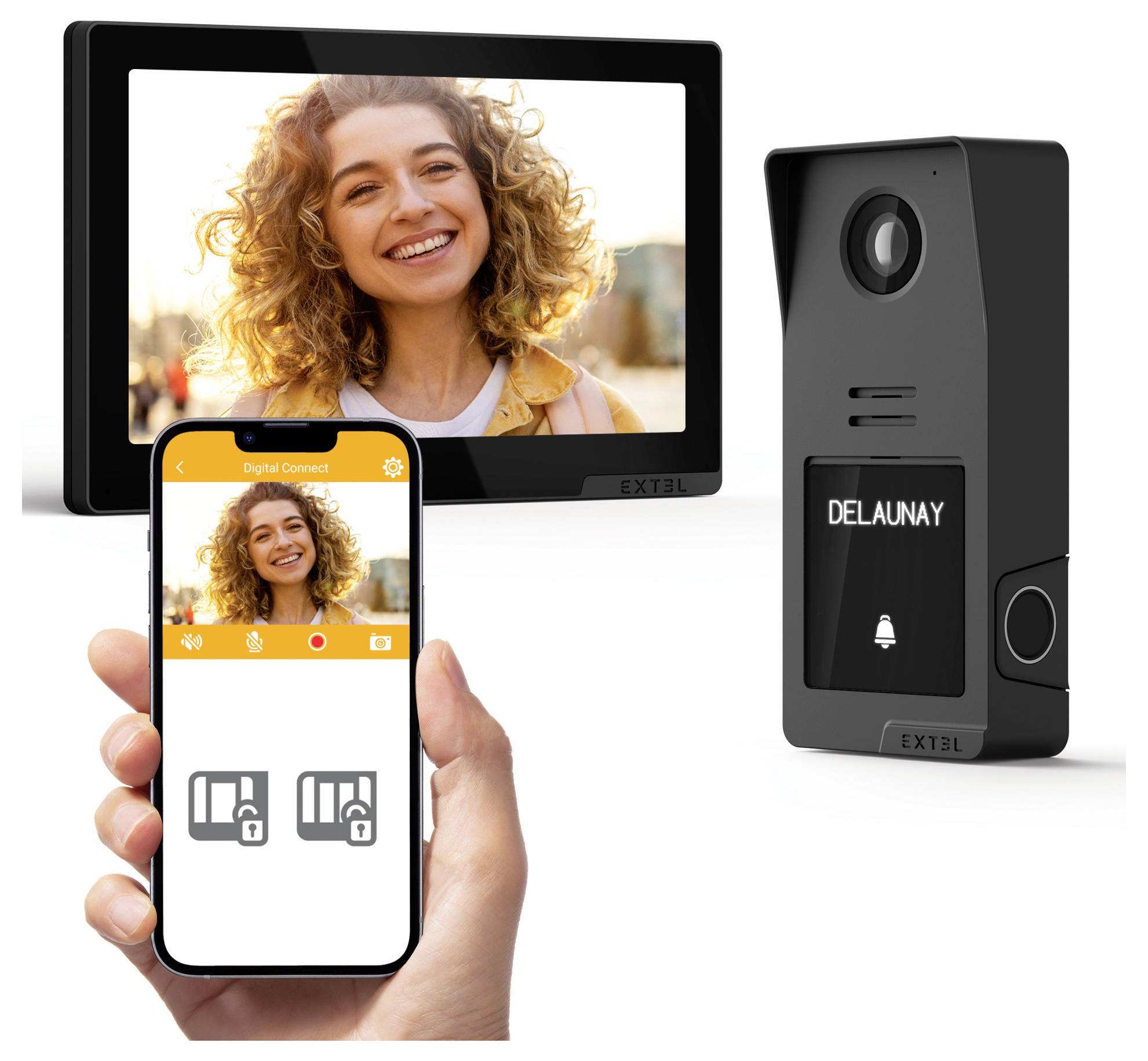 Das Bild zeigt ein Video-Türsprechsystem mit einem Bildschirm und einem Smartphone, auf dem eine lächelnde Person zu sehen ist. Die Smartphone-App zeigt Steuerungselemente für die Türverriegelung.