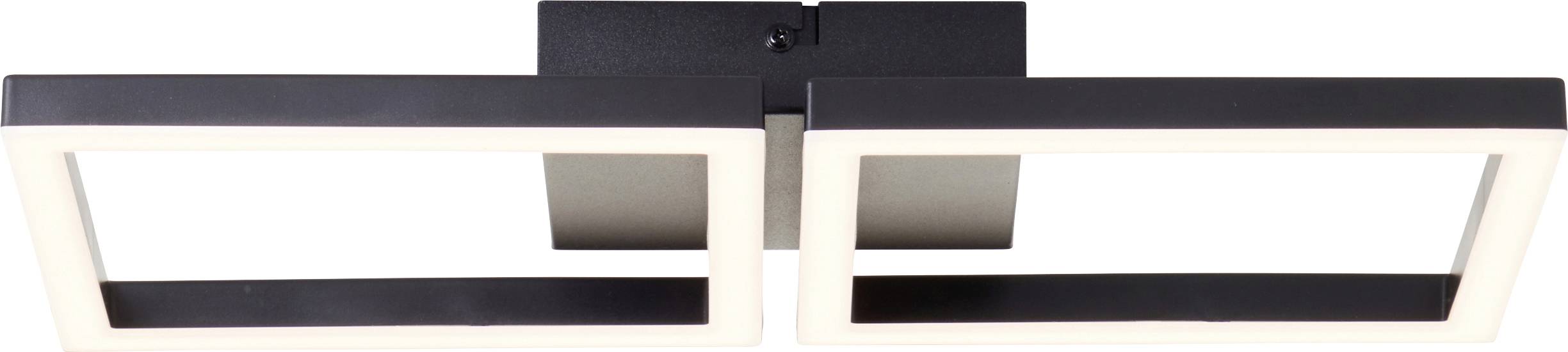 Rechteckige schwarze Deckenleuchte mit zwei LED-beleuchteten Rahmen, horizontal auf einer schwarzen Basis montiert.