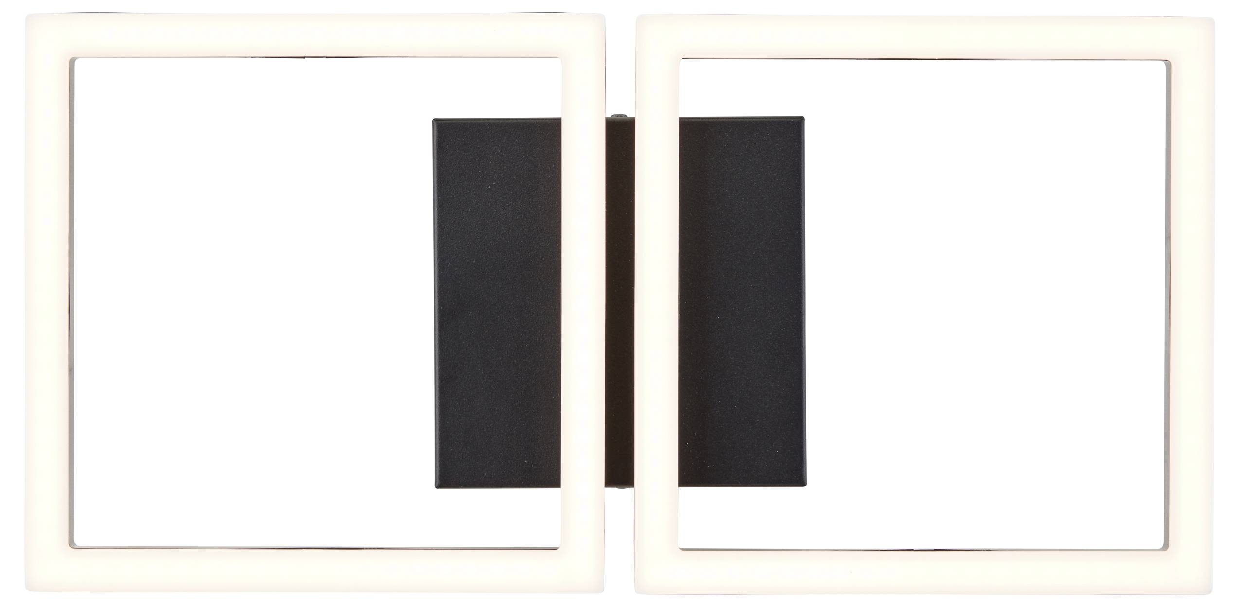 Eine moderne Wandleuchte mit zwei quadratischen LED-Rahmen, die an einer zentralen schwarzen quadratischen Basis befestigt sind.