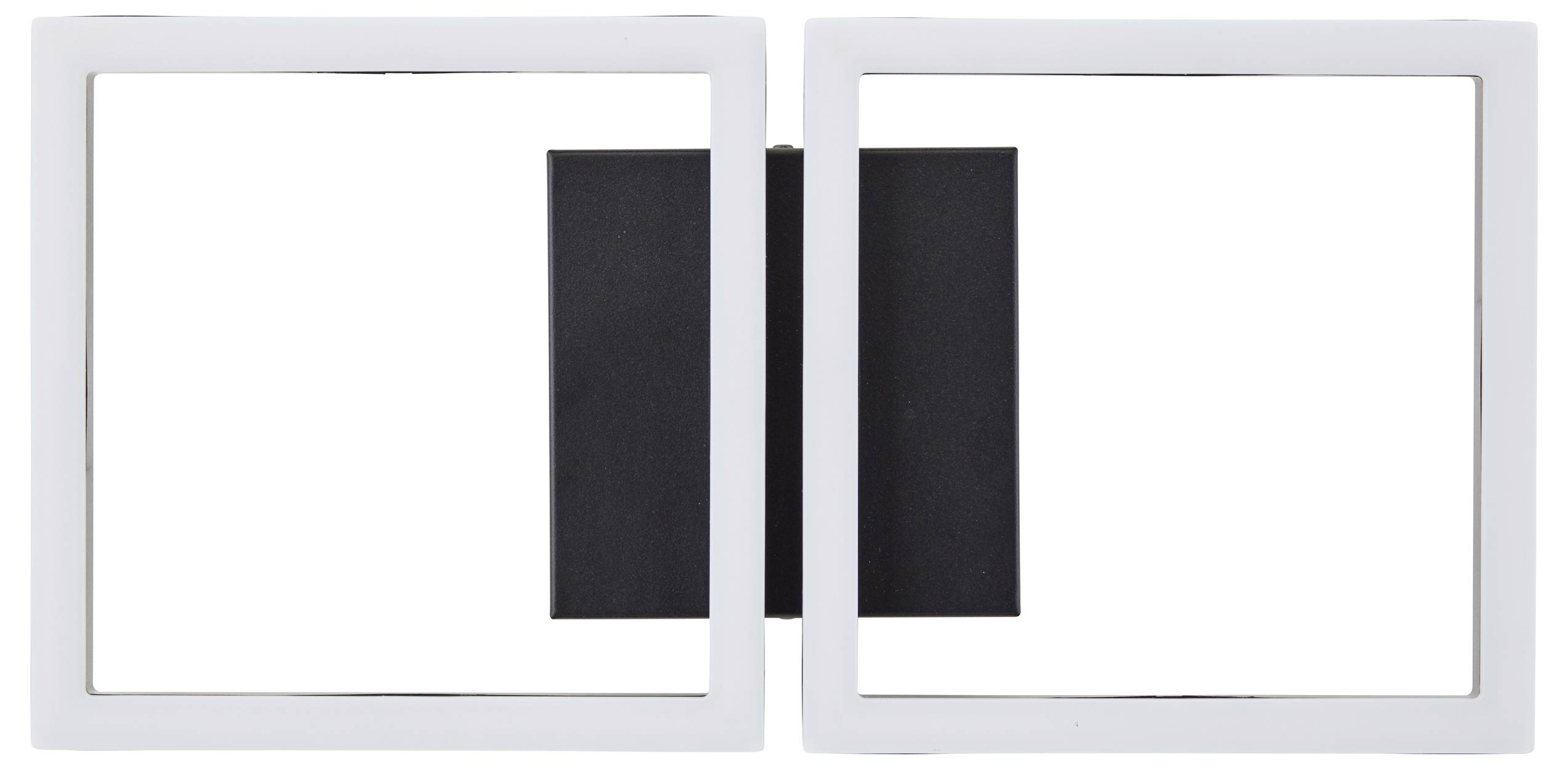 Eine symmetrische, wandmontierte Leuchte mit zwei quadratischen Leuchten, die weiße Rahmen und ein zentrales schwarzes Panel aufweisen.