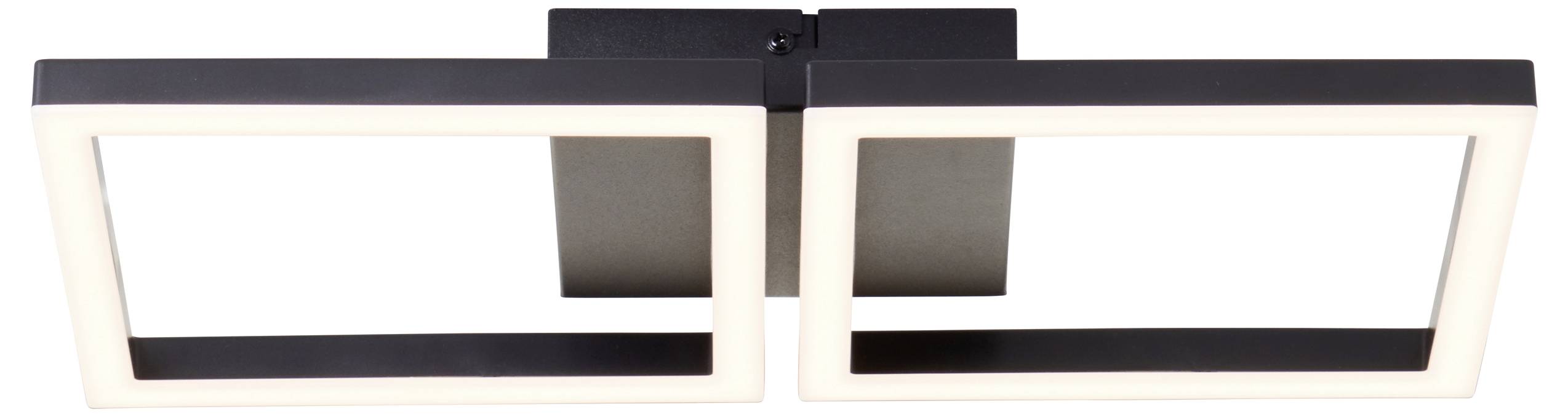 Rechteckige Deckenleuchte mit Doppelrahmen, schwarzen Rahmen und weichem weißem Schein, montiert auf einer schwarzen quadratischen Basis.