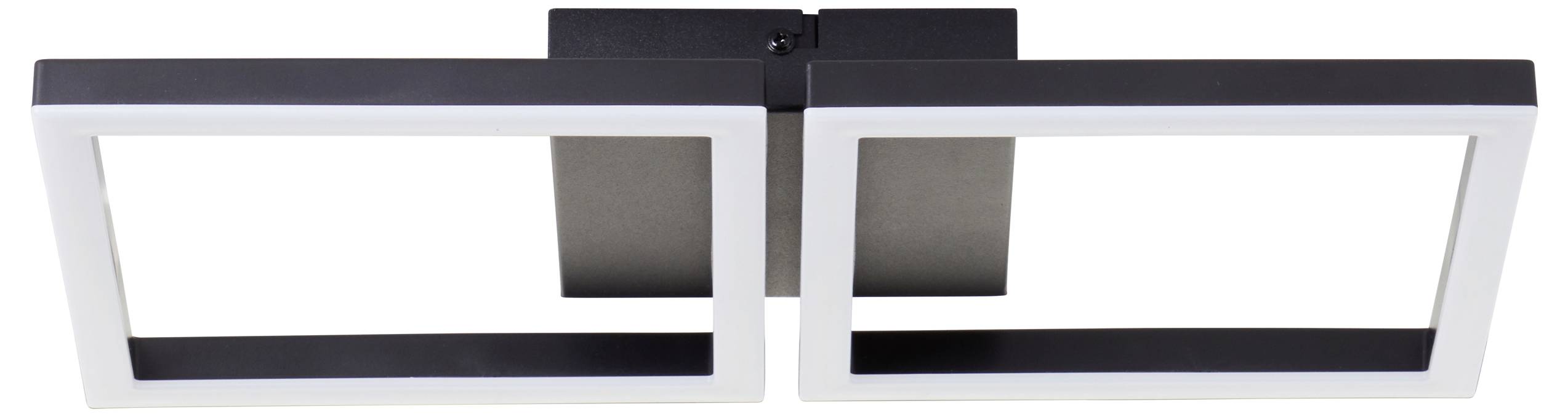 Eine moderne Deckenleuchte mit zwei rechteckigen LED-Panels, die in der Mitte verbunden sind und ein schlankes Design in Schwarz und Weiß aufweisen.