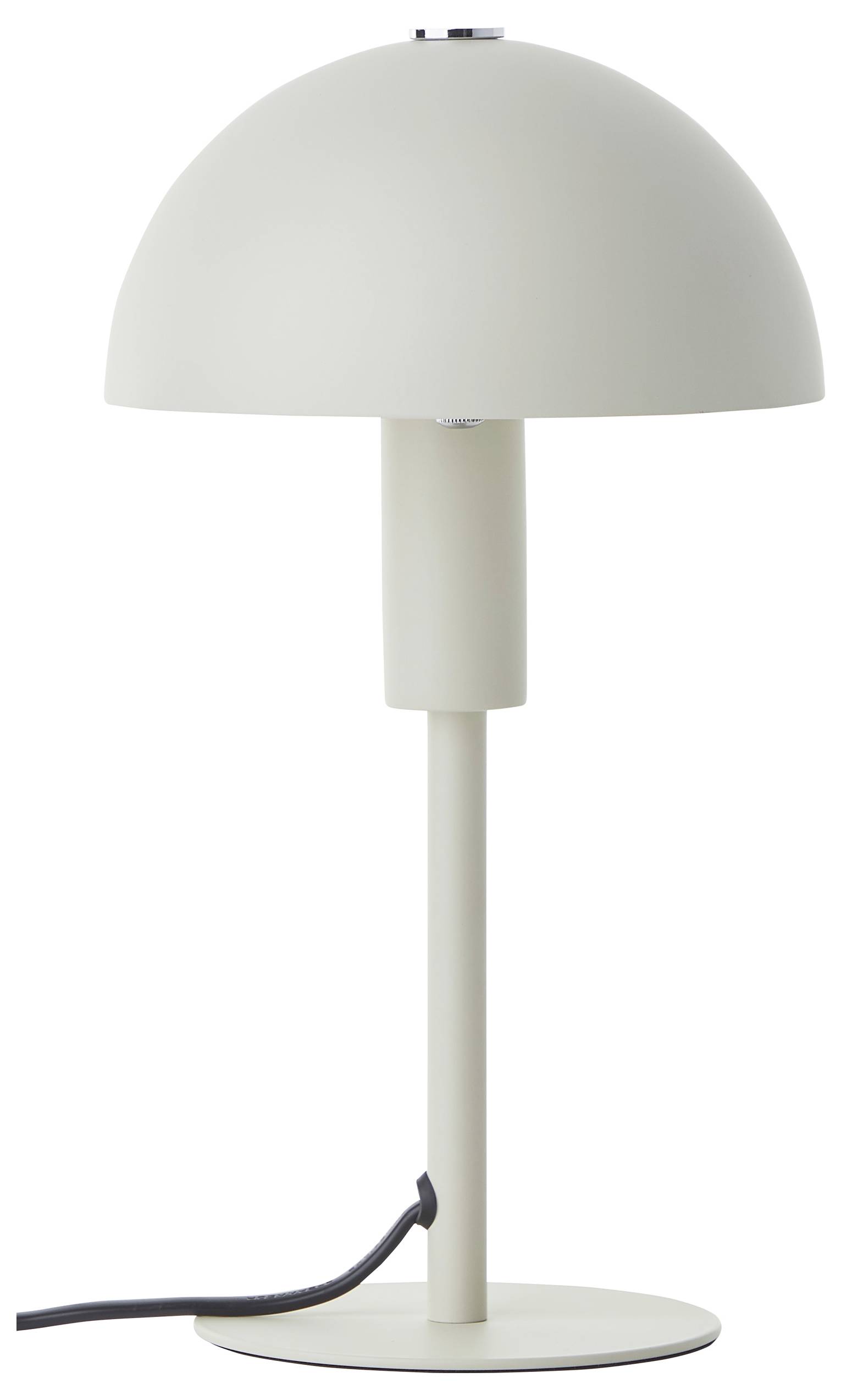Eine moderne weiße Tischlampe mit einem kuppelförmigen Lampenschirm steht auf einer kreisförmigen Basis und überzeugt durch ihr schlankes, minimalistisches Design.