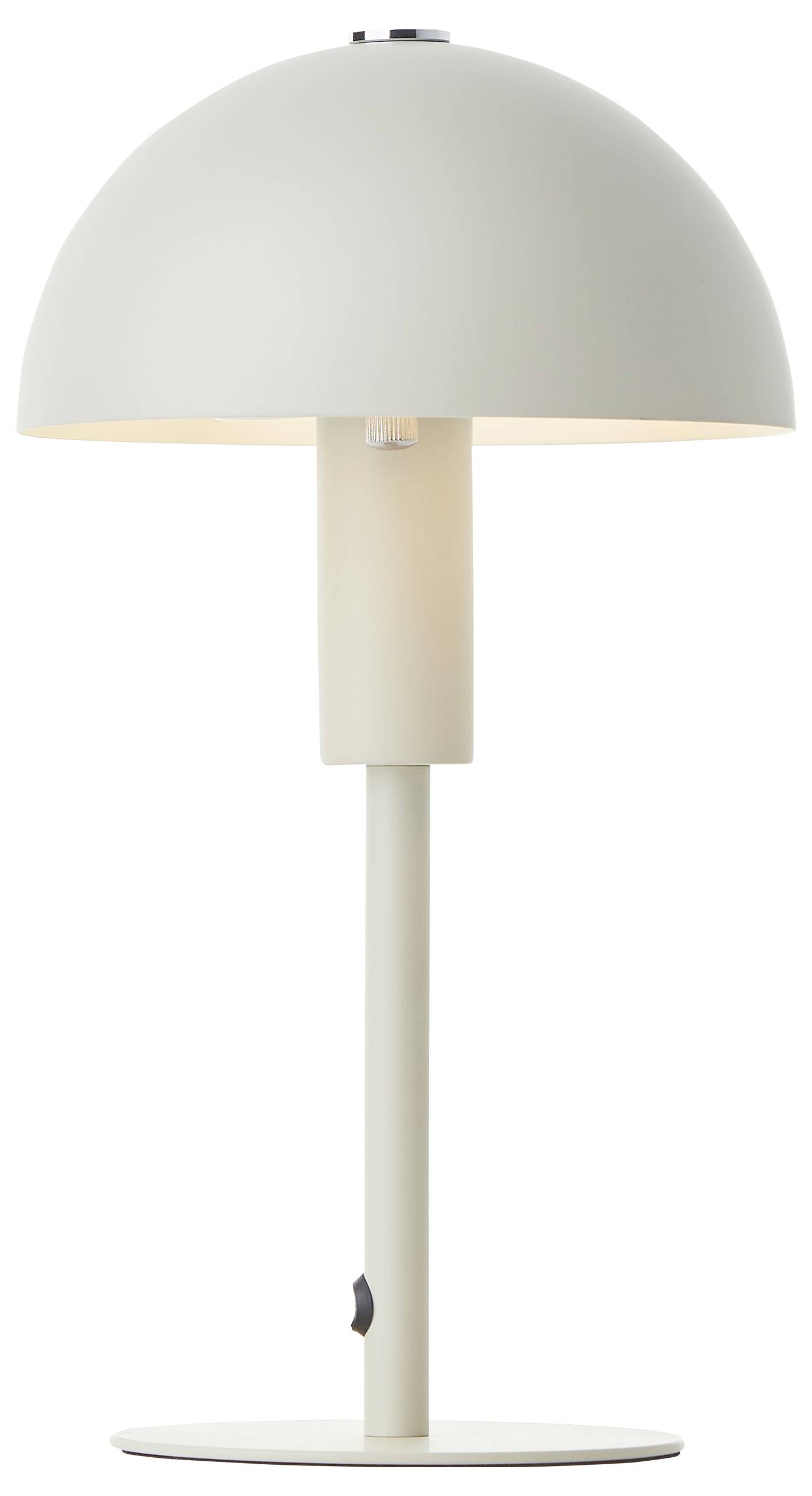 Eine moderne Tischlampe mit einer kuppelförmigen Lampenschirm, schlanker zylindrischer Basis und einem minimalistischen Design, die ein weiches Ambientlicht ausstrahlt.