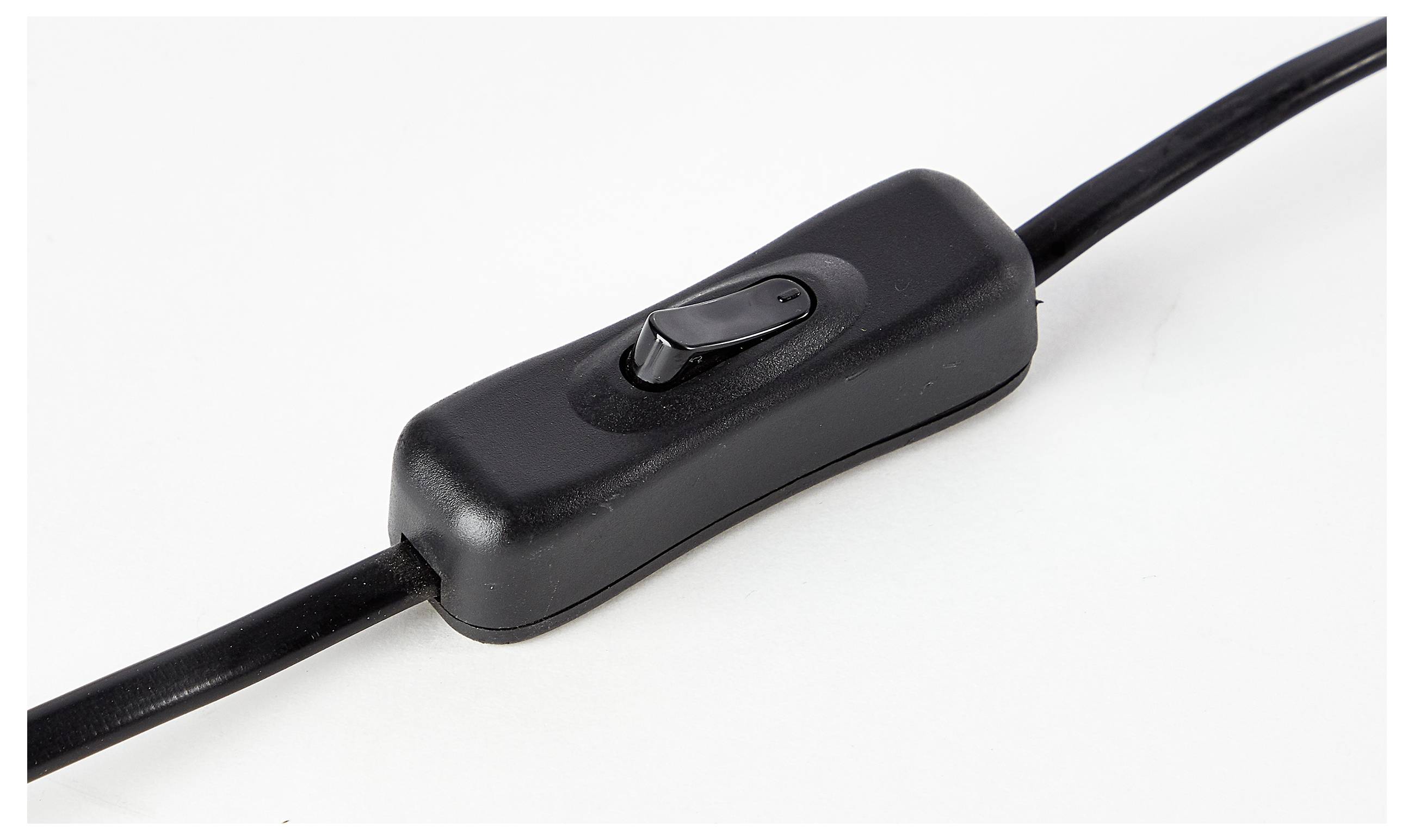 Ein schwarzer Inline-Schalter an einem Kabel, vor einem weißen Hintergrund. Der Schalter befindet sich in der 'Aus'-Position.