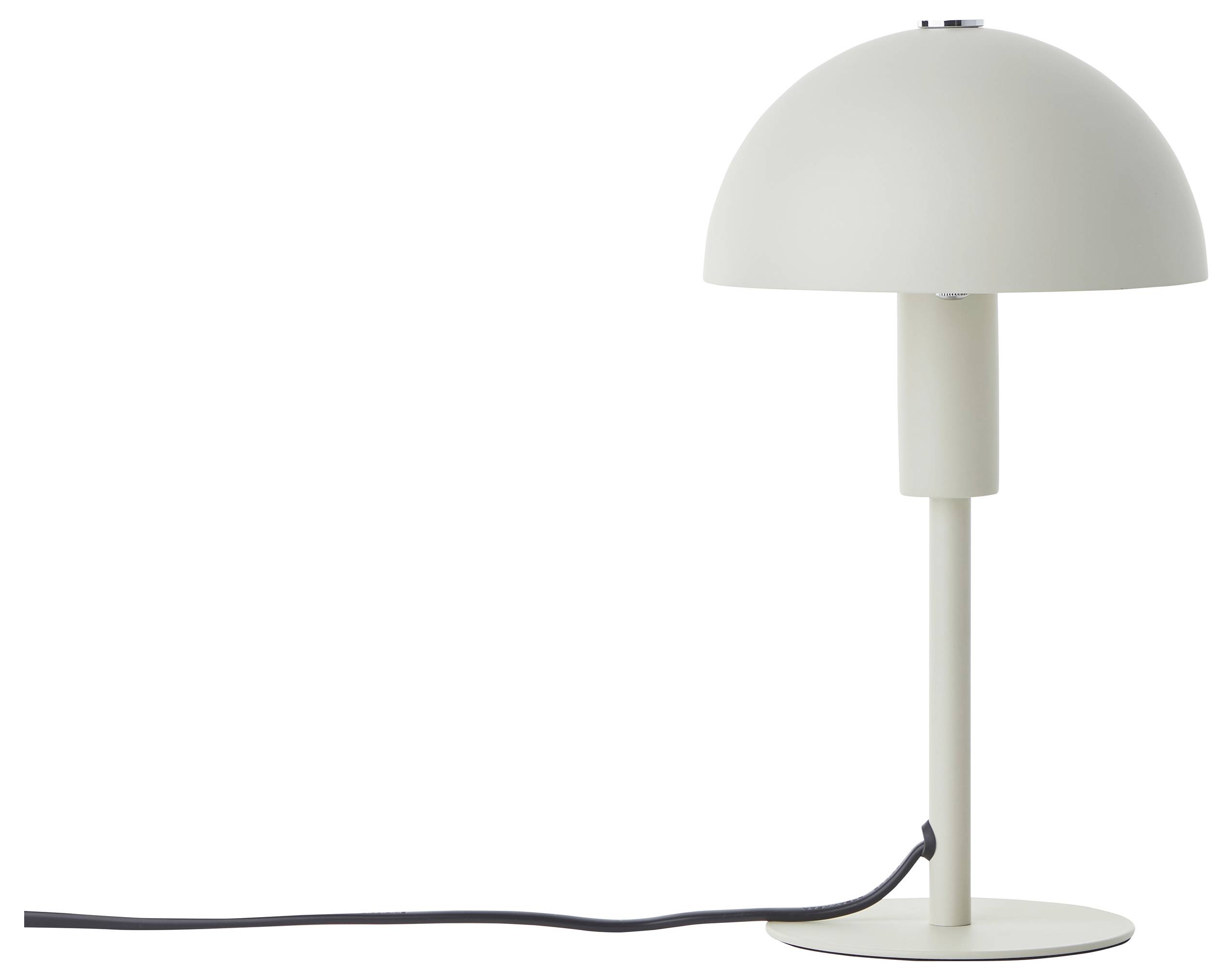 Eine moderne weiße, kuppelförmige Tischlampe mit schlanker Basis und sichtbarem schwarzem Netzkabel, vor einem neutralen Hintergrund.