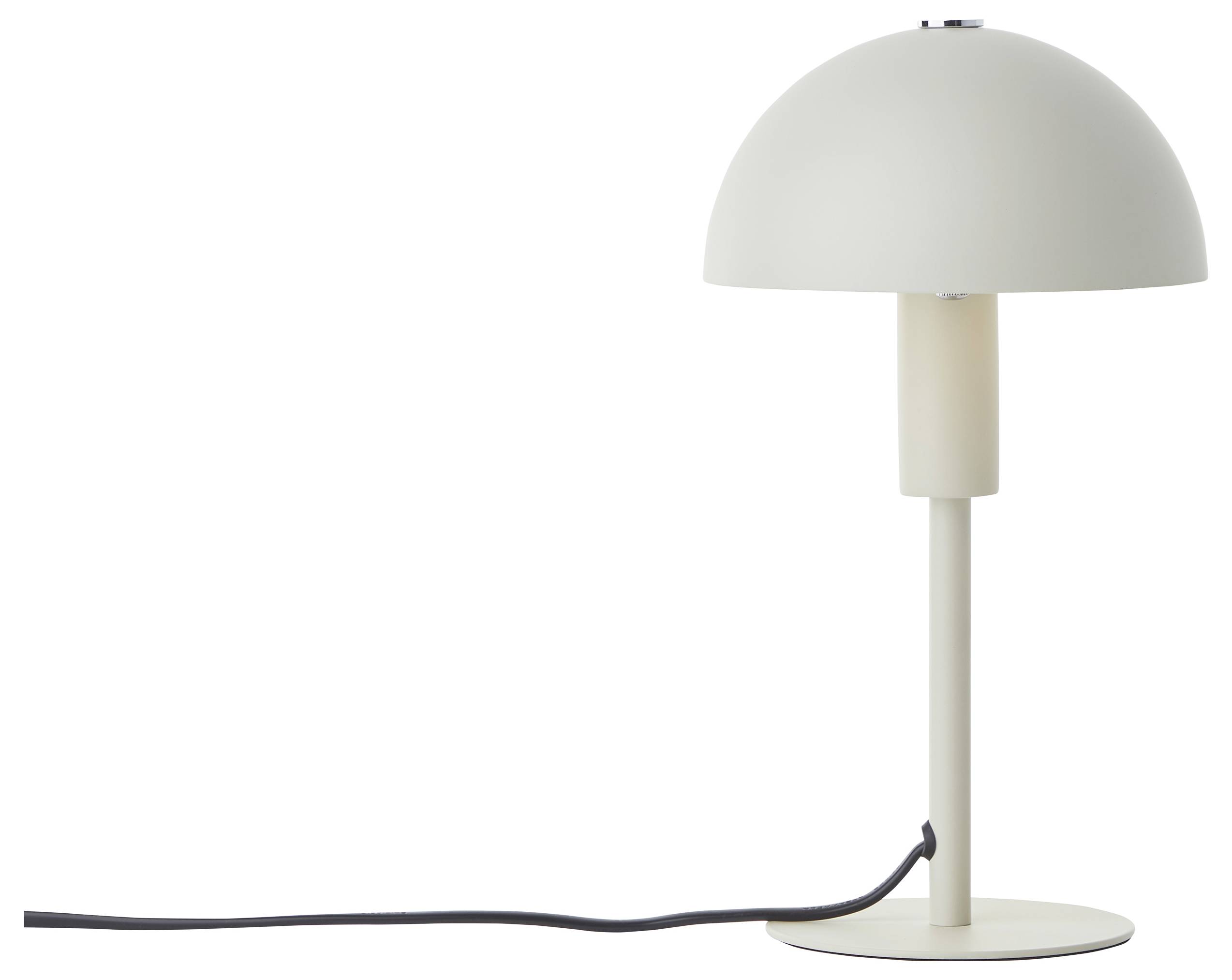 Eine moderne, minimalistische Tischlampe mit einem kuppelförmigen Lampenschirm, in hellem Beige, mit einem sichtbaren schwarzen Netzkabel, das von der Basis ausgeht.