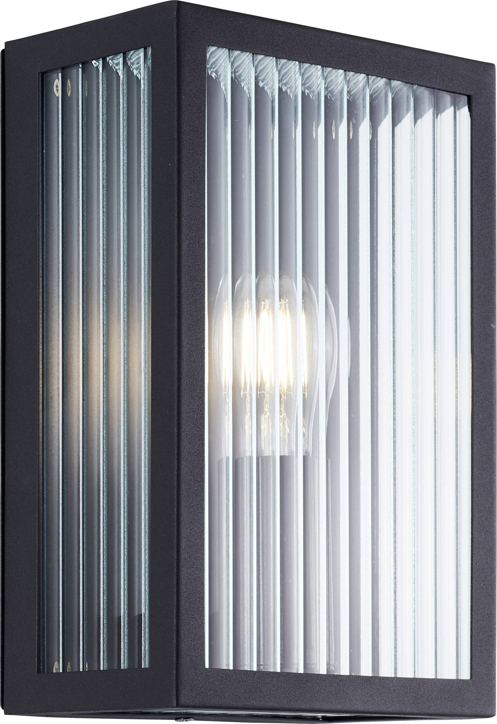 Wandmontierte Leuchte mit klaren gerippten Glasscheiben und einer sichtbaren Glühbirne, eingehüllt in einen schwarzen rechteckigen Rahmen.