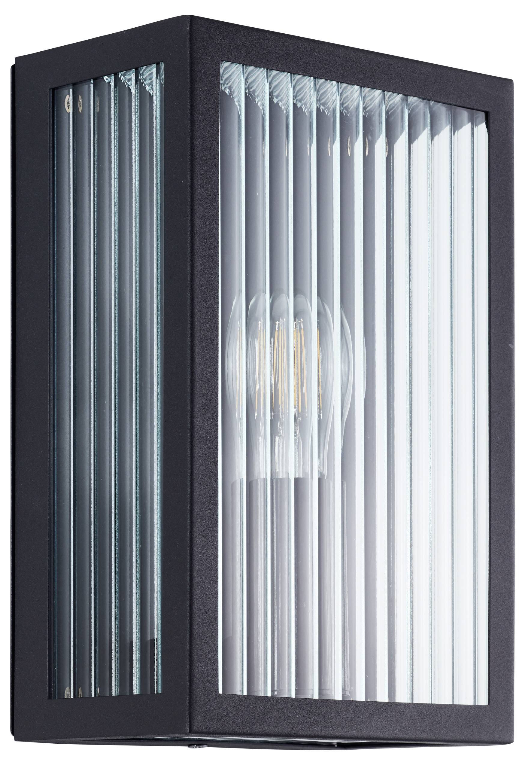 Eine moderne Außenwandleuchte mit einem schwarzen rechteckigen Rahmen und klaren gerippten Glasscheiben, die eine freiliegende Glühbirne im Inneren zeigt.