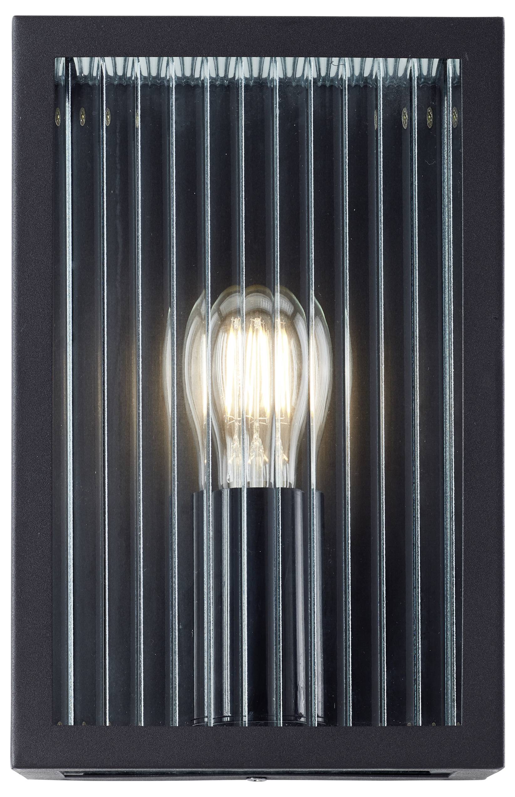 Rechteckige schwarze Wandleuchte mit vertikalen gerippten Glasschirm, die eine freigelegte Glühbirne in der Mitte präsentiert und einen modernen, industriellen Look bietet.