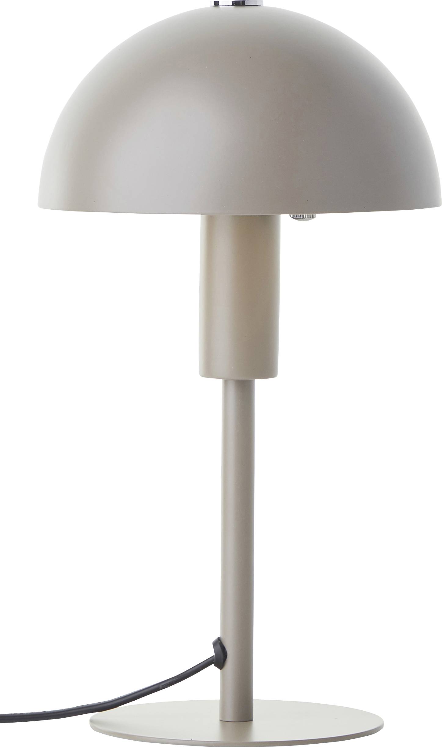 Eine schlanke, moderne Tischlampe mit einem kuppelförmigen Lampenschirm und minimalistischem Design, ausgestattet mit matter Oberfläche und einem schwarzen Kabel auf einer runden Basis.