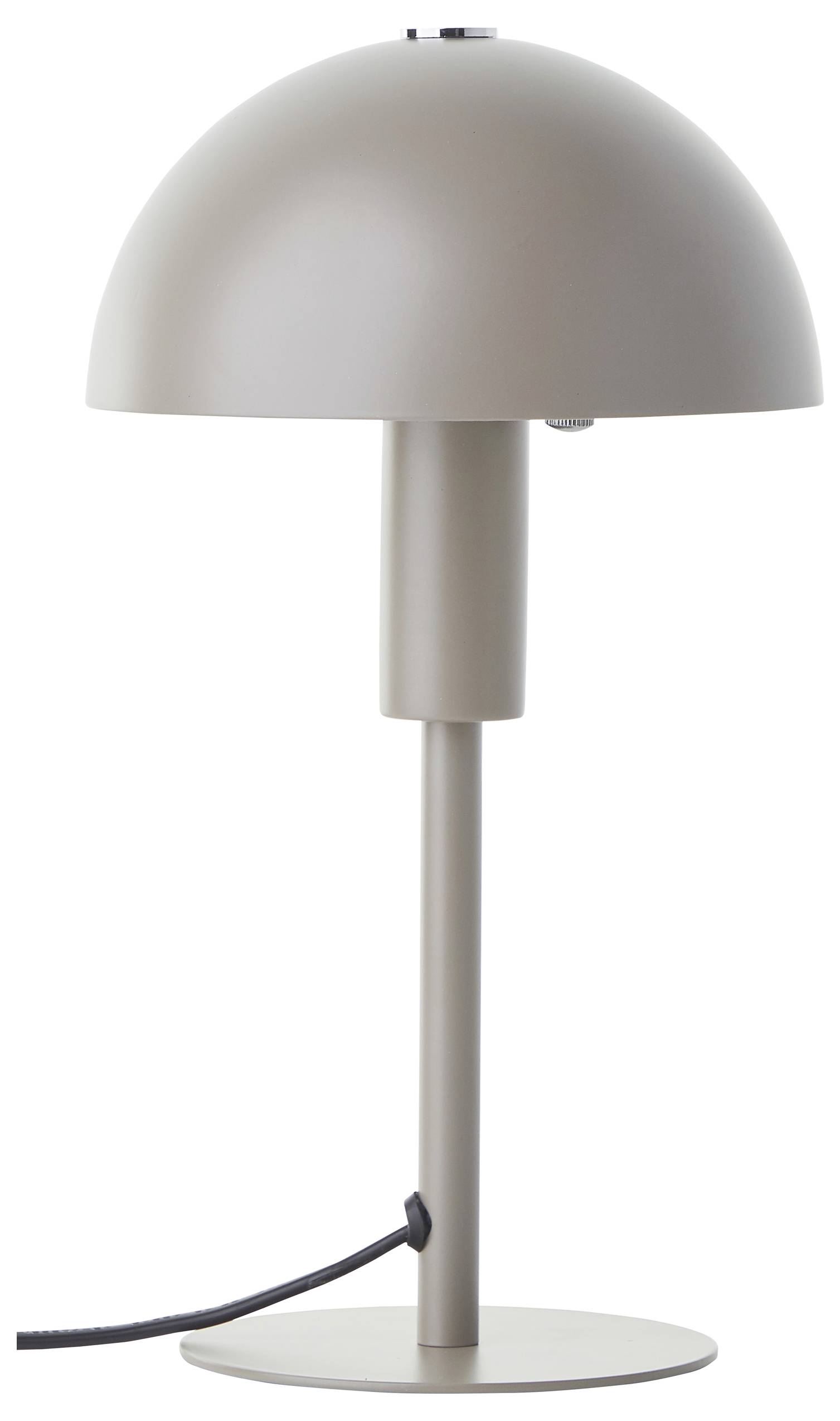 Eine moderne Tischlampe mit einem kuppelförmigen Lampenschirm in neutraler Farbe, mit einer schlanken zylindrischen Basis und einem schwarzen Kabel, das von ihr ausgeht.