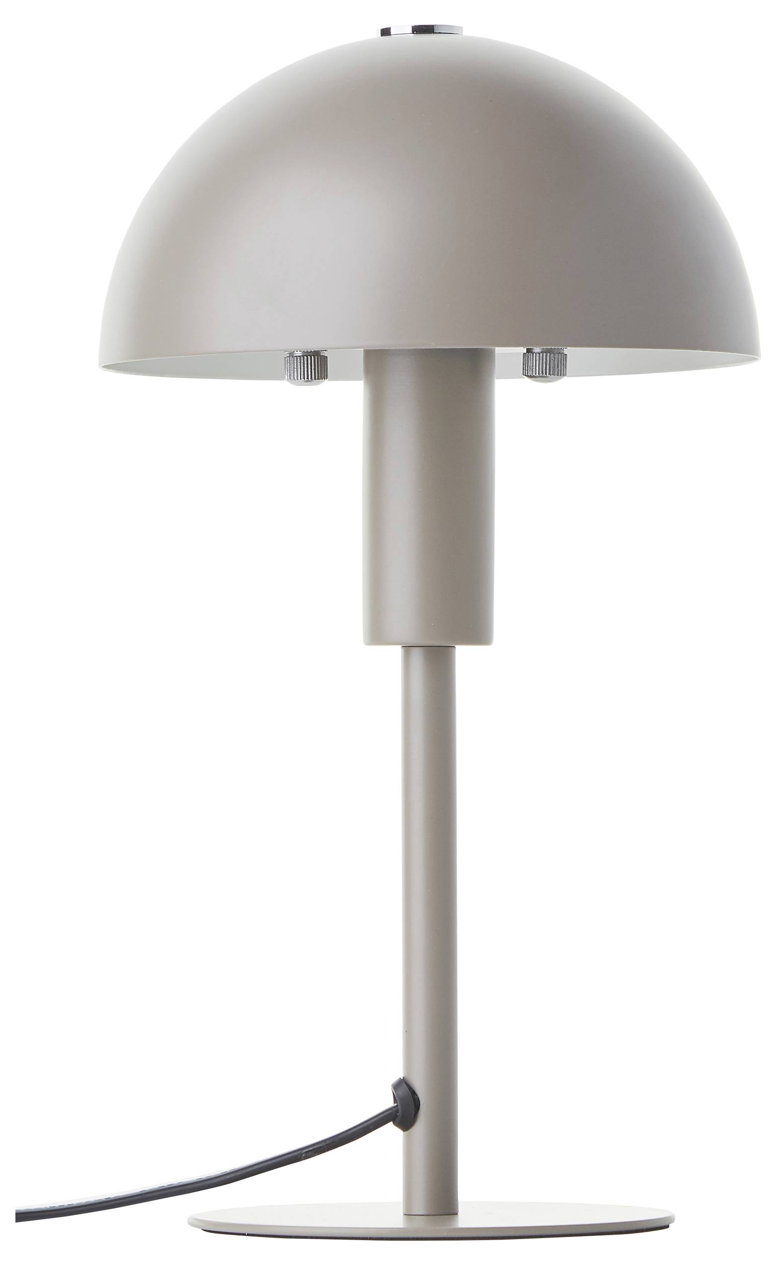 Eine moderne beige Schreibtischlampe mit einer kuppelförmigen Lampenschirm und einem zylindrischen Fuß, verbunden durch ein Netzkabel.